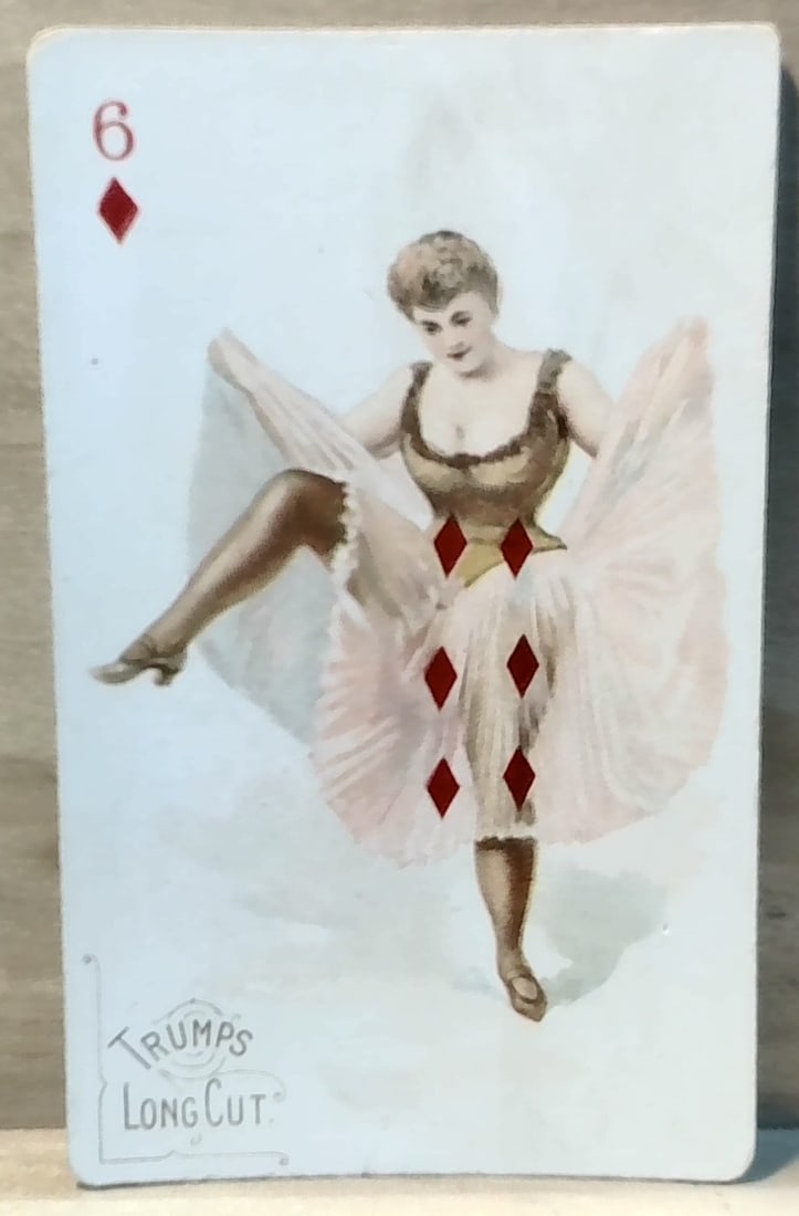 1890 - N457 Trumps Long Cut, 6 of Diamonds Playing Card • BLUE BACK U.S. tobacco card (1 of 2)