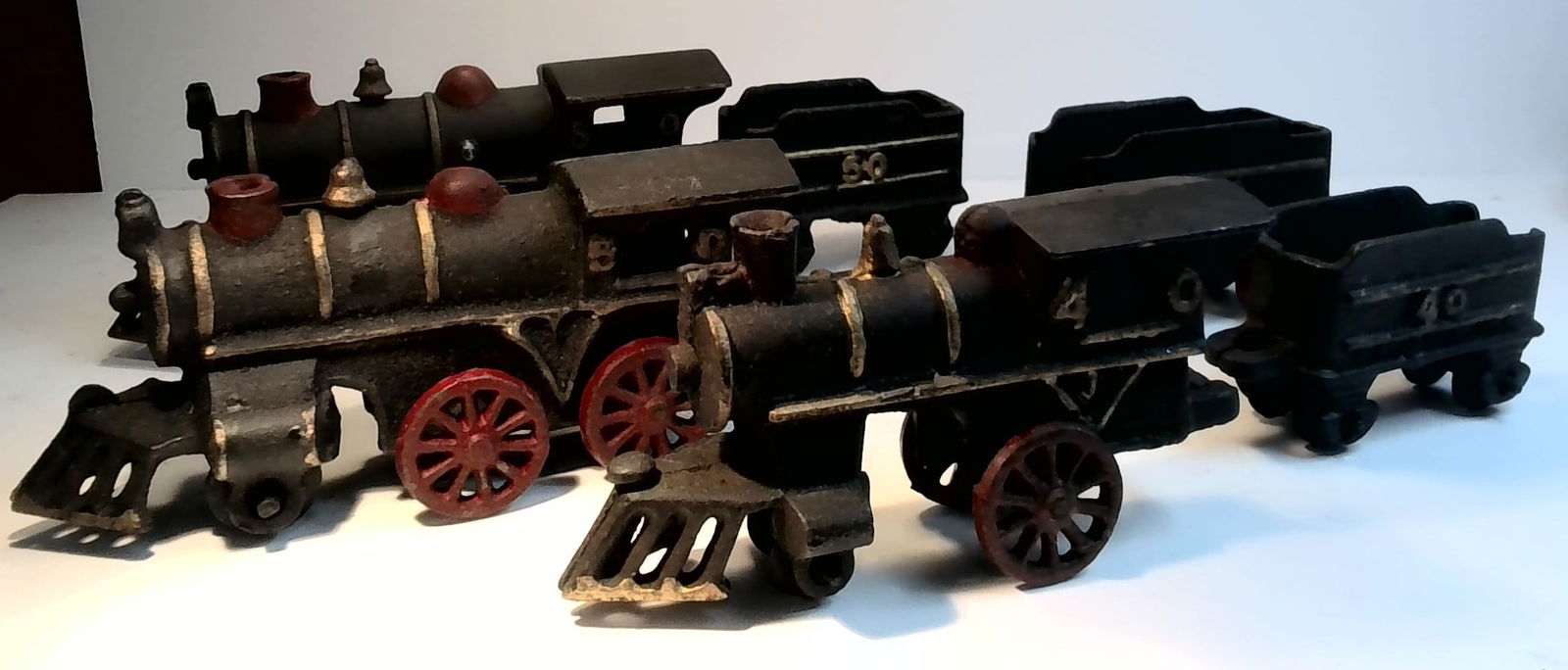 Rare 3 Vintage Cast Iron #50 Train Engine Locomotives & Coal Tender train Car sets 3 sets (1 of 7)