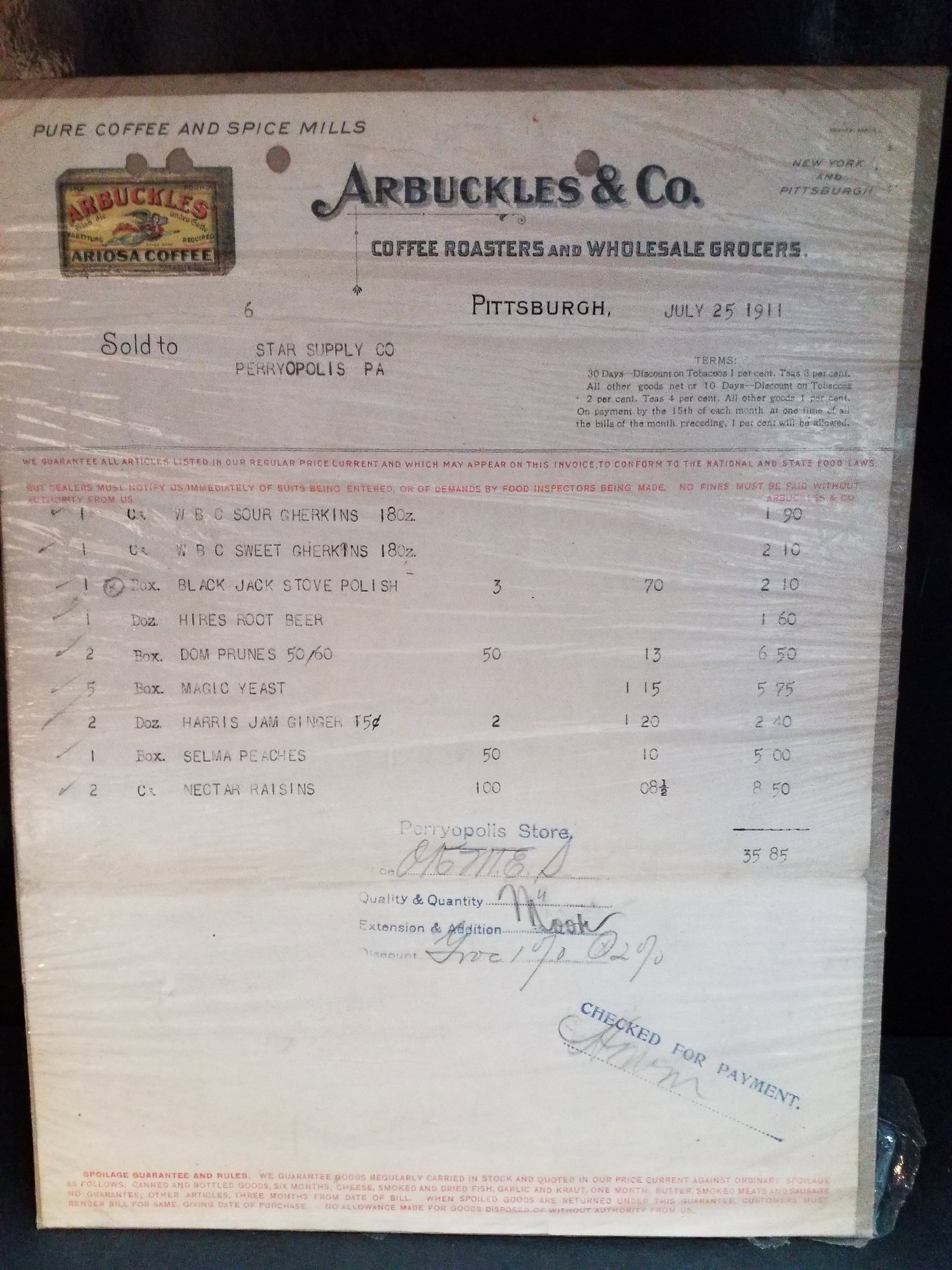 Authentic Original 1911 Arbuckles Coffee Pittsburg PA Invoice (1 of 1)