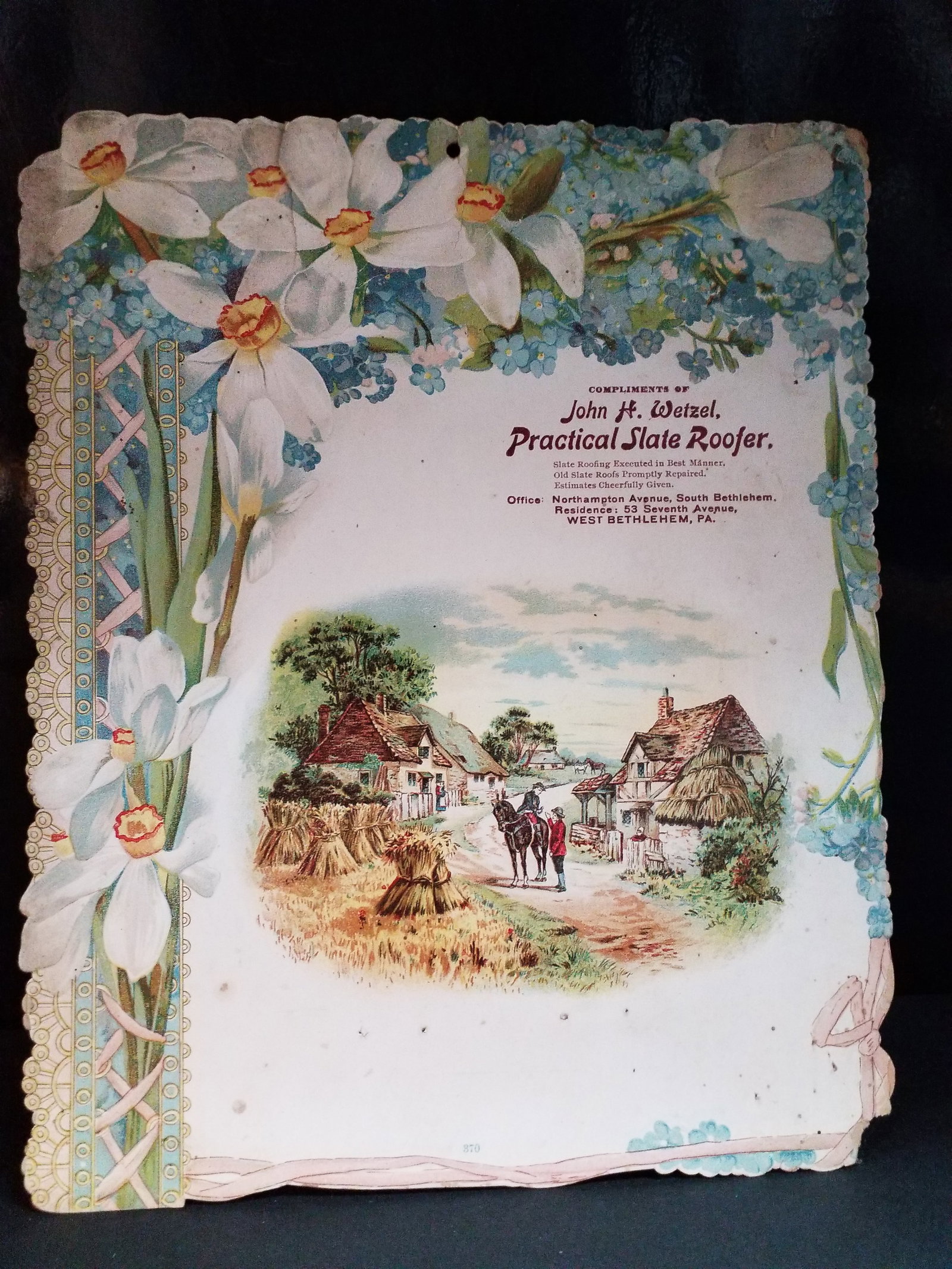 1880s Large Trade card Die Cut Type John Wetzel Slate Roofer West Bethlehem PA. Very Nice (1 of 2)