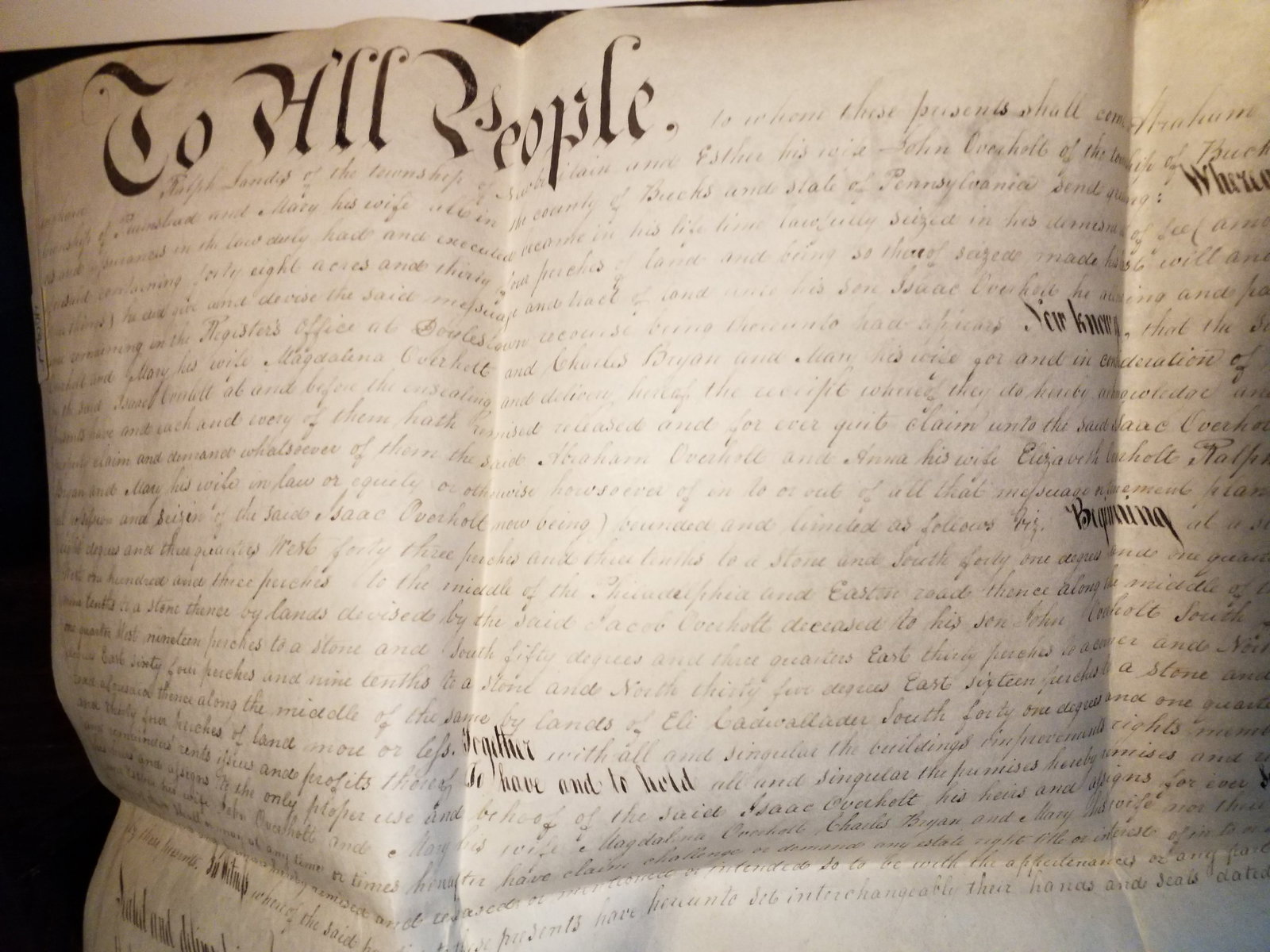 1841 Original Vellum Deed Release Issac Overholt Buckingham Township Bucks County Pennsylvania (1 of 8)