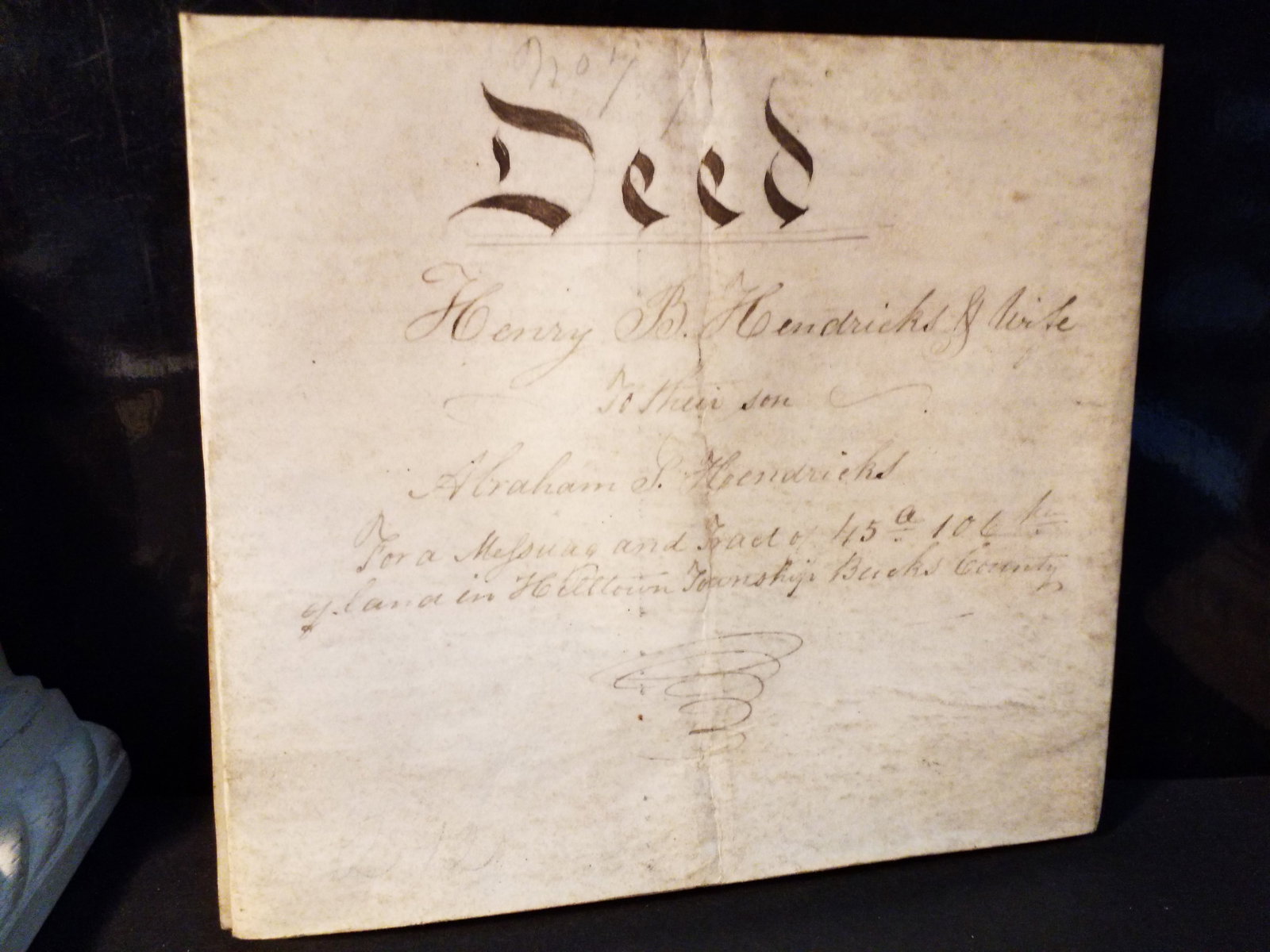 1859 Original Vellum Deed Henry Hendricks to His Son Bedminster Township Bucks County Pennsylvania (1 of 7)