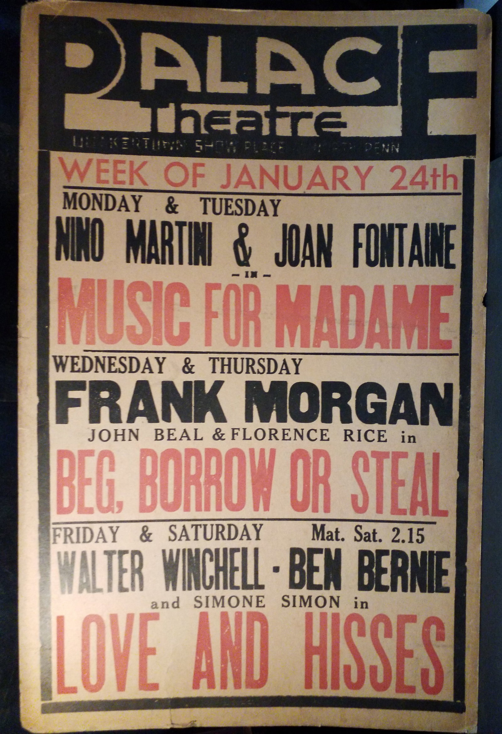 1930s Authentic Rare Antique Card board Movie Broadside Joan Fonttaine Walter Winchell Quakertown PA (1 of 2)