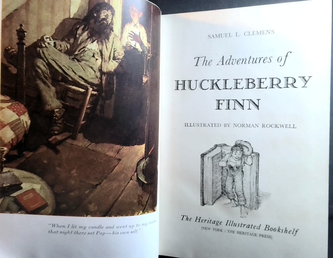 Huckleberry Finn illustrated by Norman Rockwell 1940 by Samuel Clemens: Overall in sturdy condition, no jacket, published by Heritage illustrated, internally bright, hardcover Please view all pictures for further condition and content details. More Books being added.