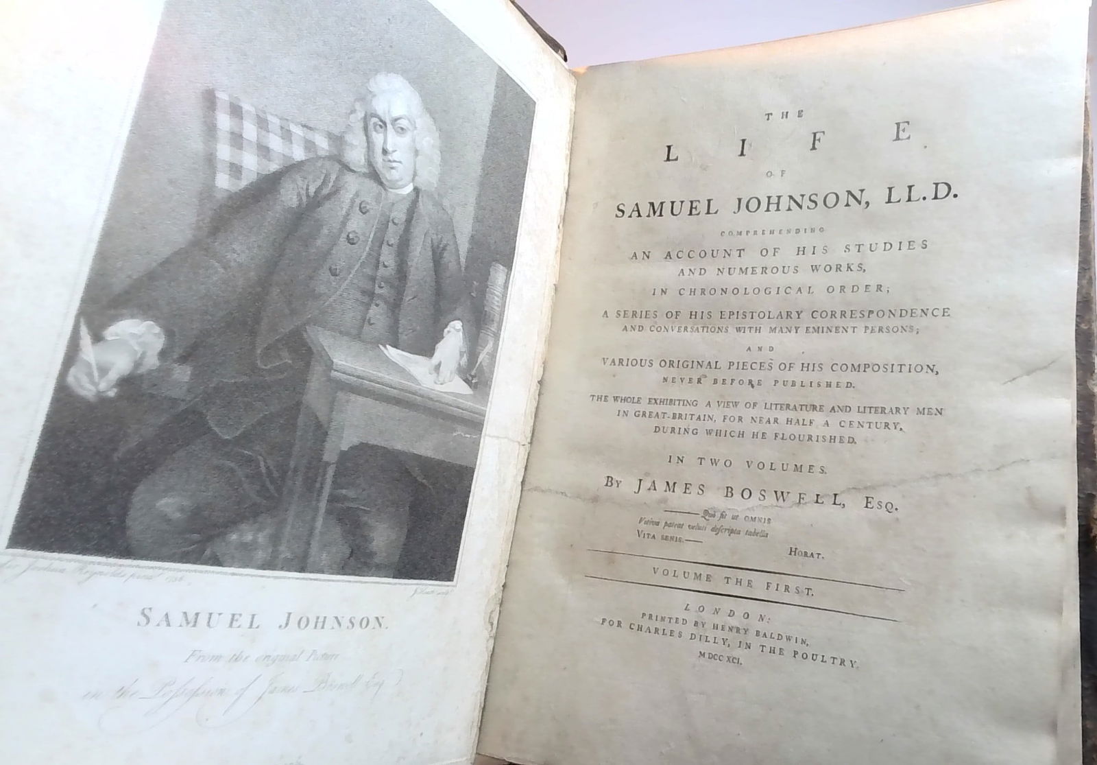 Life of Samuel Johnson by James Boswell 1791 Calf bound: Calf bound, Volume 1 of 2 , with frontis of Johnson , frontis is loose, cracking joints, with wear to edges and corners foxing some to pages, intact, hardcover Please view all pictures for further con