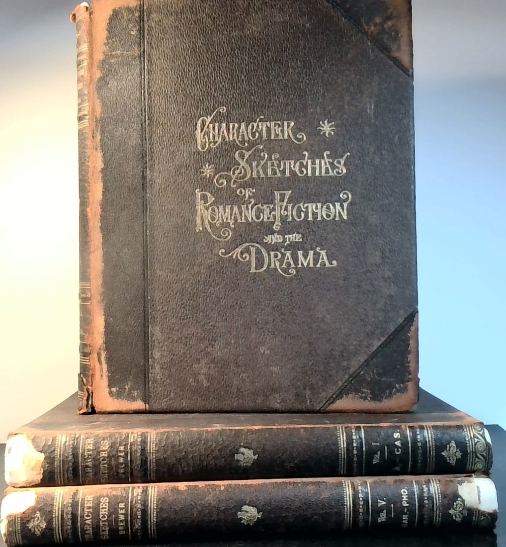 1902 Character Sketches of Romance Fiction and Drama Volumes I,II,V Brewer , Full Page Plates: Attractive Antique volumes, Includes Volumes I,II, and V. Published by Selmar Hess 1902, Illustrated Plates with tissue guards, , 1/4 leather, with gilt edged pages, internally bright. With some chipp