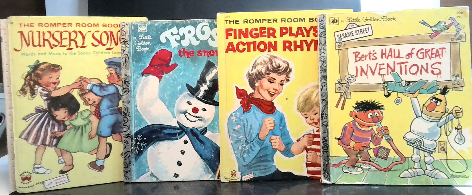 4 vintage Childrens books Sesame Street Frosty the Snowman Nursery Rhymes etc.: Little golden books etc. some with wear others not as much all intact, good condition overall, beautifully illustrated