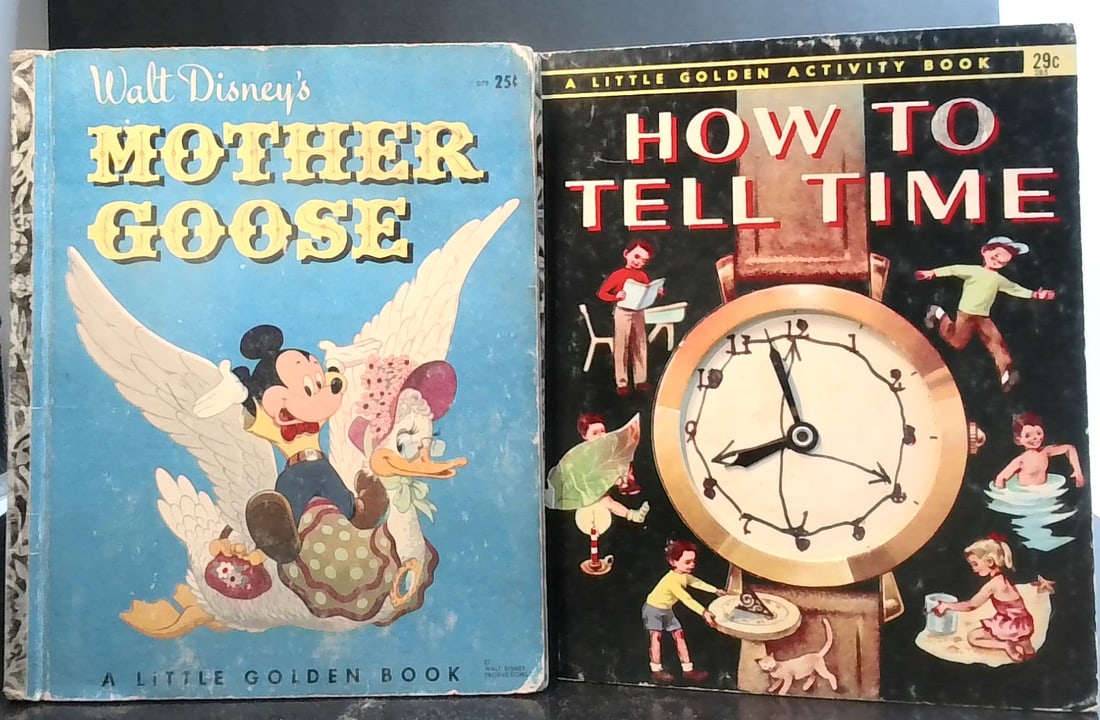 2 vintage Little Golden books How to tell time and Mother Goose 1950s: Little golden books etc. cover on Mother goose is starting to pull away but intact. good condition overall, beautifully illustrated