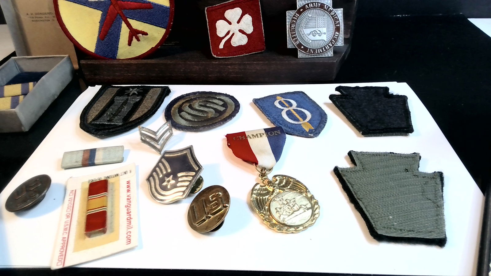 A nice Vintage Lot of Military pins medals patches etc.: A nice Vintage Lot of Military pins medals patches etc. track piece not included. please view photos.