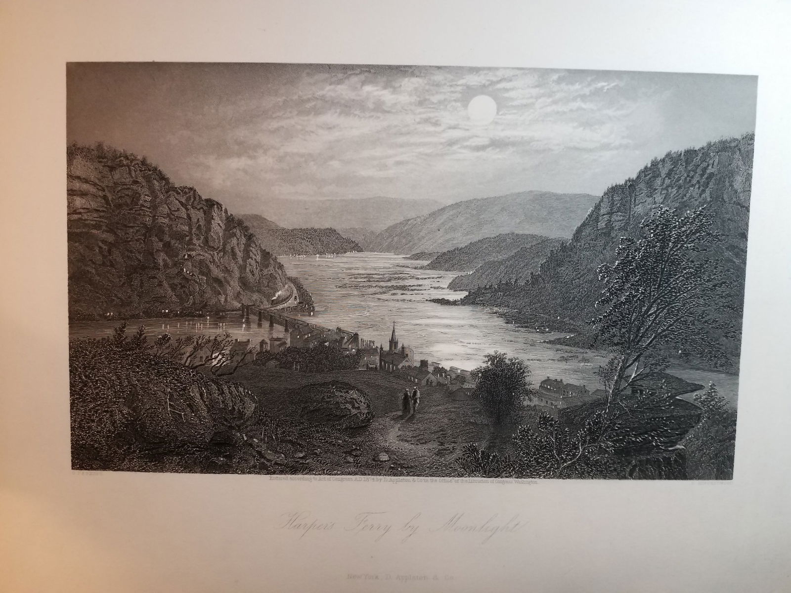 Original 1873 Engraving of Harpers Ferry by Moonlight: Excellent for Framing, Beautiful Original Steel engraving from an circa. 1873 , book Picturesque America by William Cullen Bryant, D Appleton Co. , Limited Foxing overall bright on original hard stock