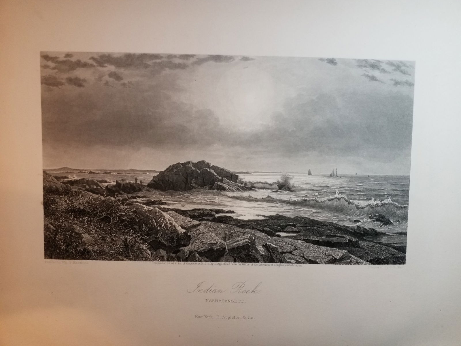 1873 Very nice original Engraving of Indian Rock Narragansett: Excellent for Framing, Beautiful Original Steel engraving from an circa. 1873 , book Picturesque America by William Cullen Bryant, D Appleton Co. , Limited Foxing overall bright on original hard stock