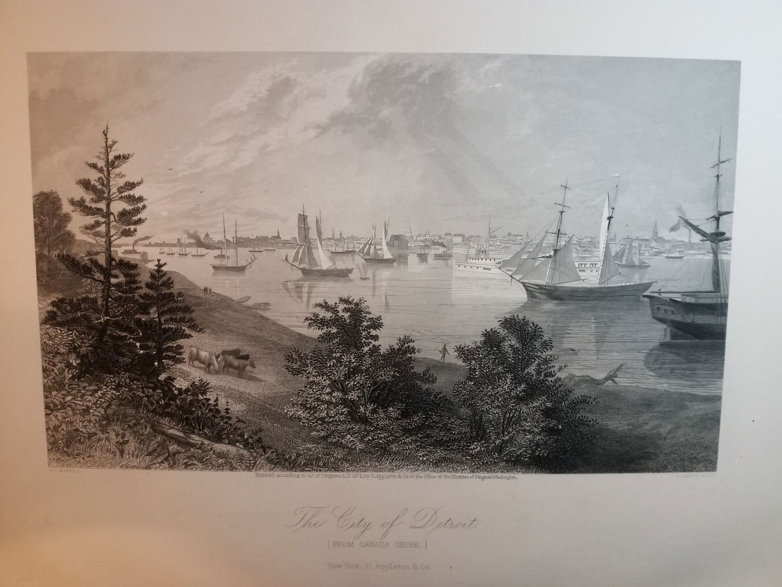 Stunning Sailing Ships 1873 Engraving Ship water View of the City of Detroit from Canada Shore: Excellent for Framing, Beautiful Original Steel engraving from an circa. 1873 , book Picturesque America by William Cullen Bryant, D Appleton Co. , Limited Foxing overall bright on original hard stock
