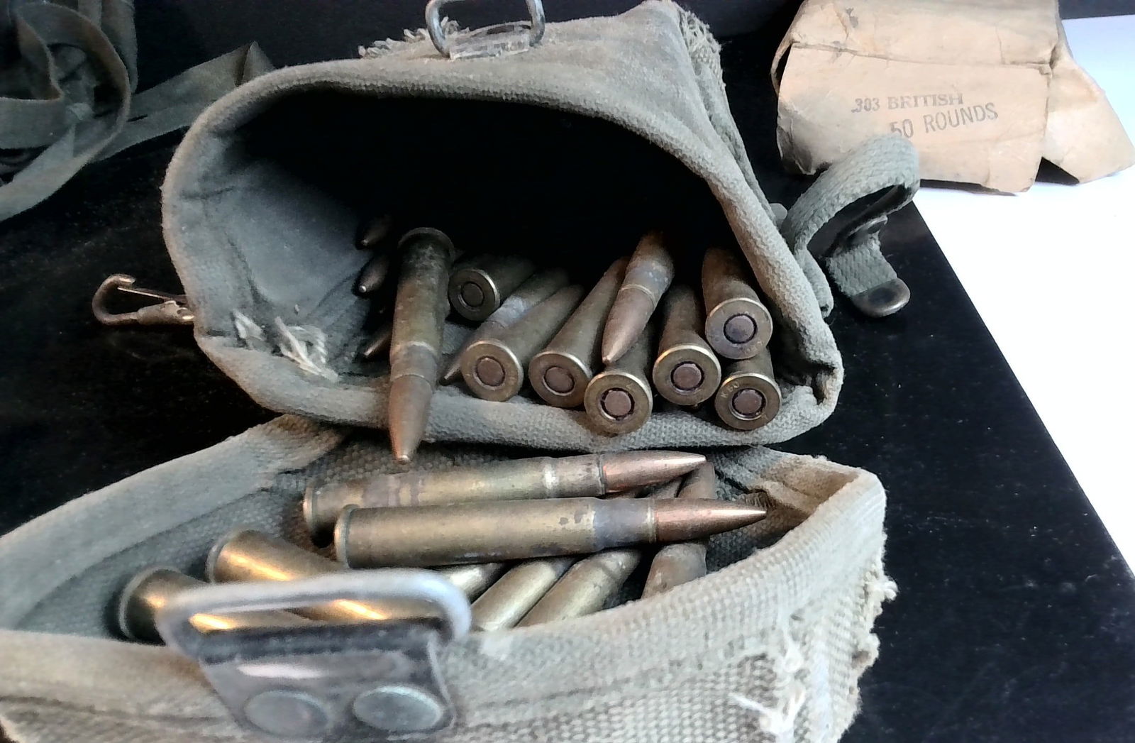 WWII Era US Small arms pouch with Approx. 30 British 303 Rounds (1 of 5)