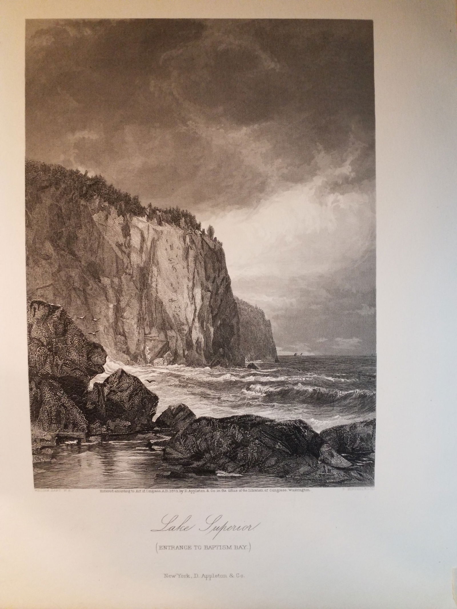 Original 1873 Engraved Plate of Lake Superior , Entrance to Baptism Bay: Excellent for Framing, Beautiful Original Steel engraving from an circa. 1873 , book Picturesque America by William Cullen Bryant, D Appleton Co. , Limited Foxing overall bright on original hard stock