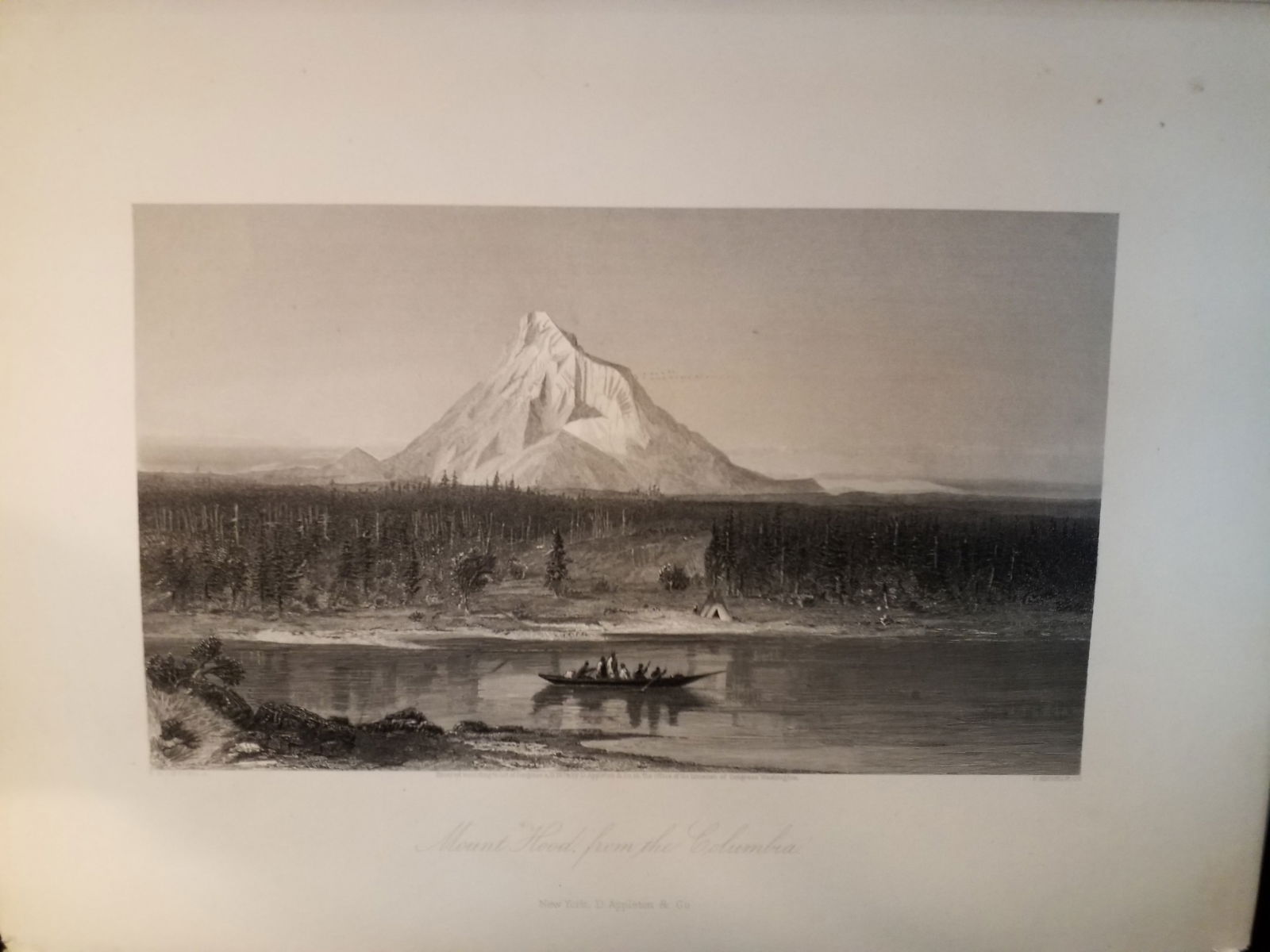 Original 1873 Large Engraving Incredible View of Mount Hood From the Columbia: Excellent for Framing, Beautiful Original Steel engraving from an circa. 1873 , book Picturesque America by William Cullen Bryant, D Appleton Co. , Limited Foxing overall bright on original hard stock