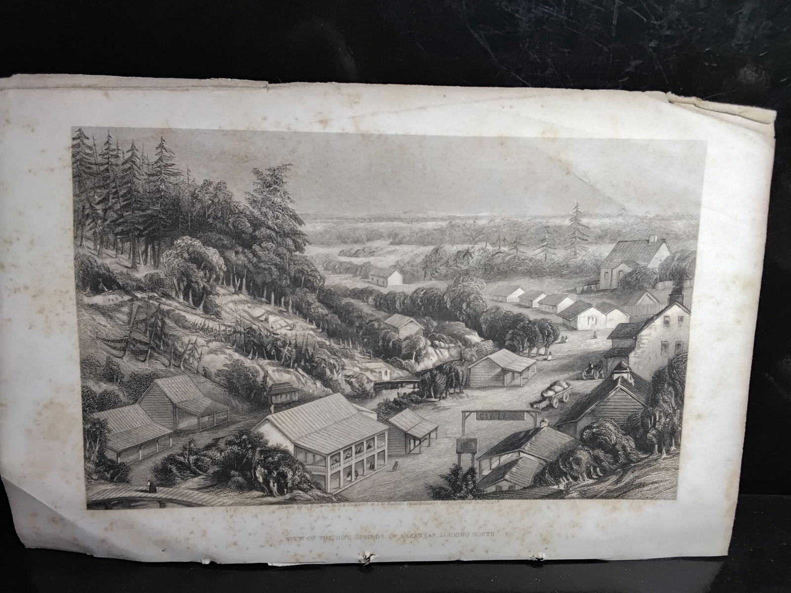 Original 1860 Engraving View of the Hot Springs of Arkansas looking south: Original Engraving, with foxing, circa. 1860 , measuring approx. 9 1/2 inches by 6 1/2 inches. no rips. Highly Detailed