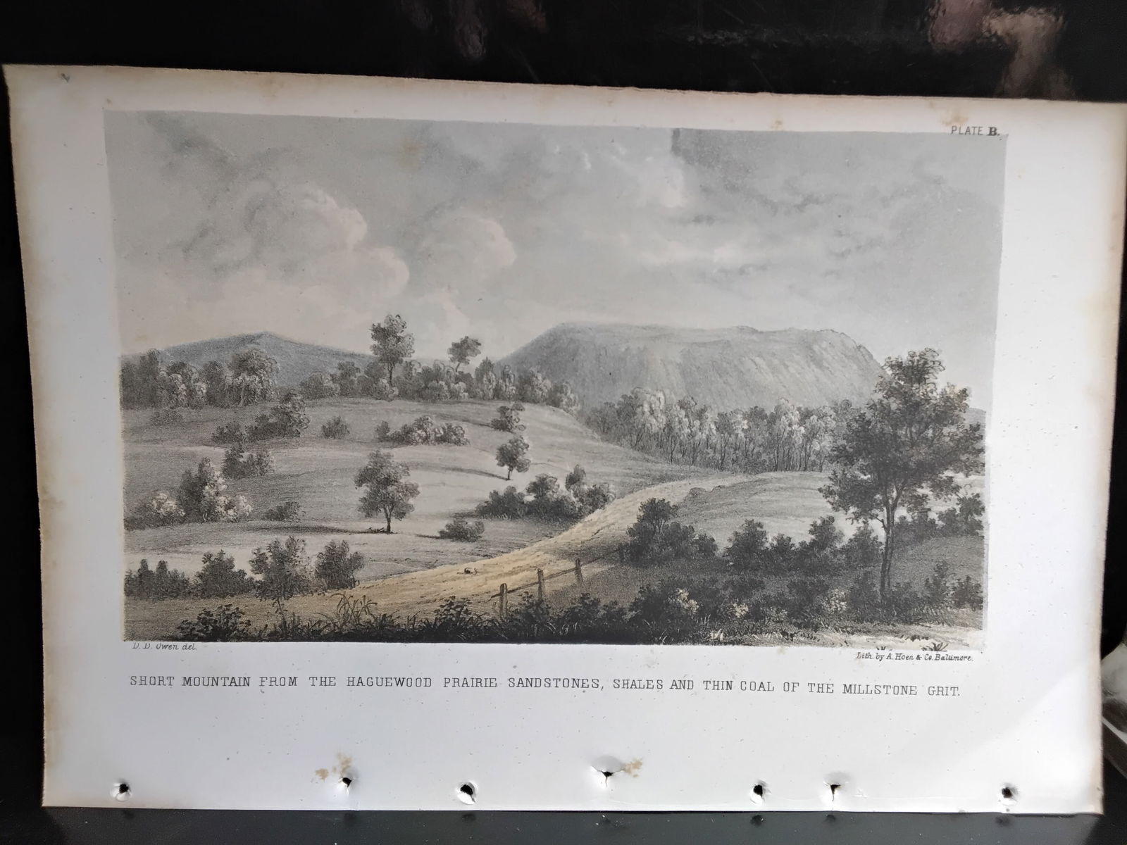 Original Hand Colored 1860 Lithograph of Short Mountain From the Haguewood Prairie Sandstones: view of Arkansas sandstones shales and thin coal of the millstone grit, Original hand colored lithograph Engraving, with foxing, circa. 1860 , measuring approx. 9 1/2 inches by 6 1/2 inches. no rips.