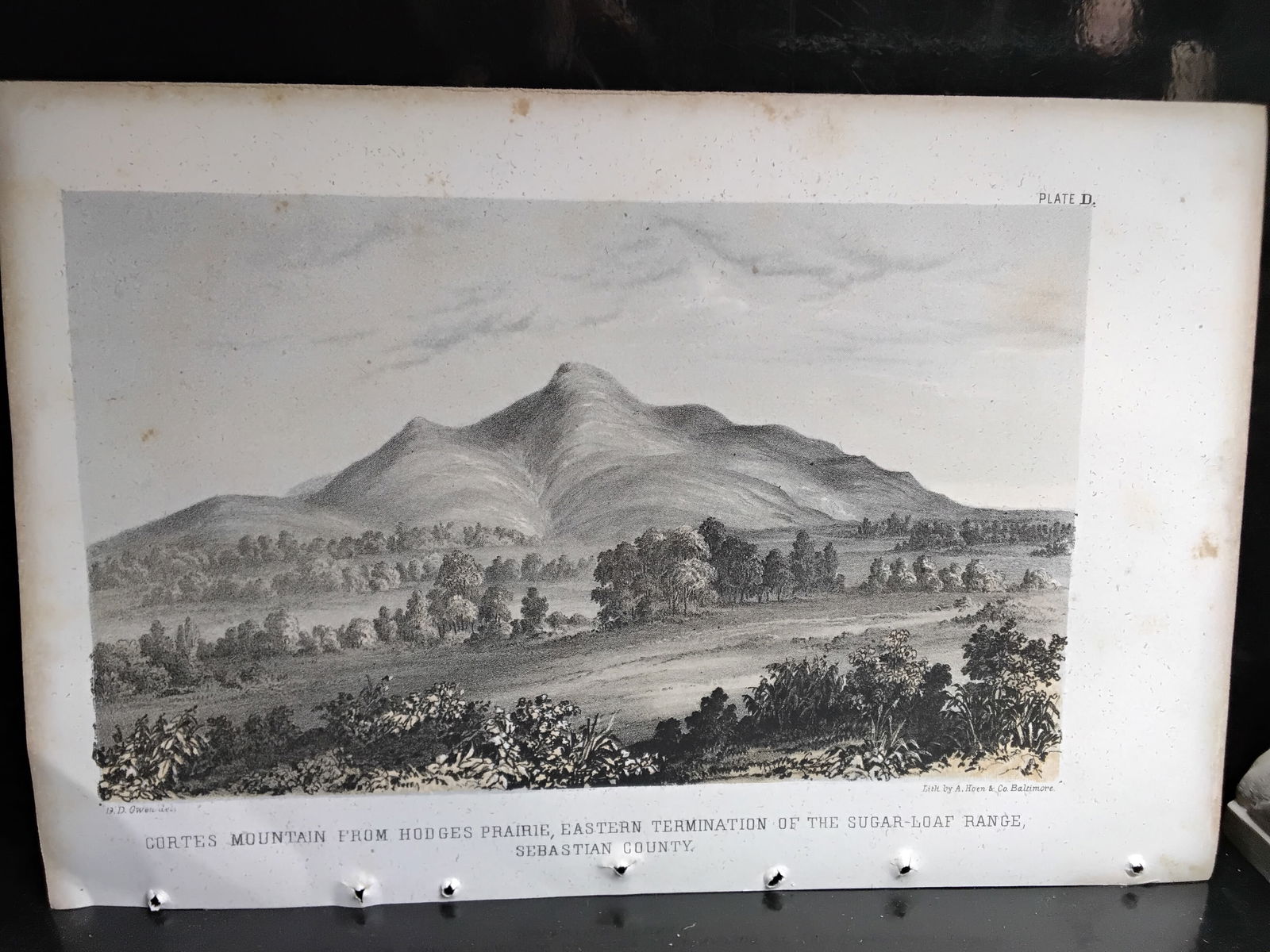 Original Hand Colored 1860 Lithograph of Curtes Mountain From Hodges Prairie Sugar Loaf Arkansas: view of Arkansas Eastern Termination of the Sugar Loaf Range Sebastian County, Original hand colored lithograph Engraving, with foxing, circa. 1860 , measuring approx. 9 1/2 inches by 6 1/2 inches. no