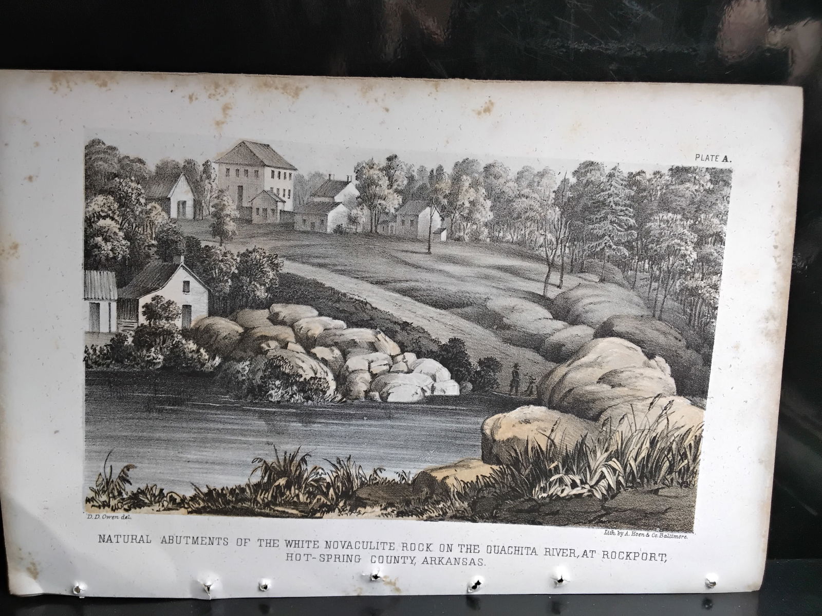 Original Hand Colored 1860 Lithograph of Natural Abutments of the White Novaculite Rock on Quachita: view of Arkansas White Novaculite Rocks on the Quachita River at Rockport Hot Spring County, Original hand colored lithograph Engraving, with foxing, circa. 1860 , measuring approx. 9 1/2 inches by 6