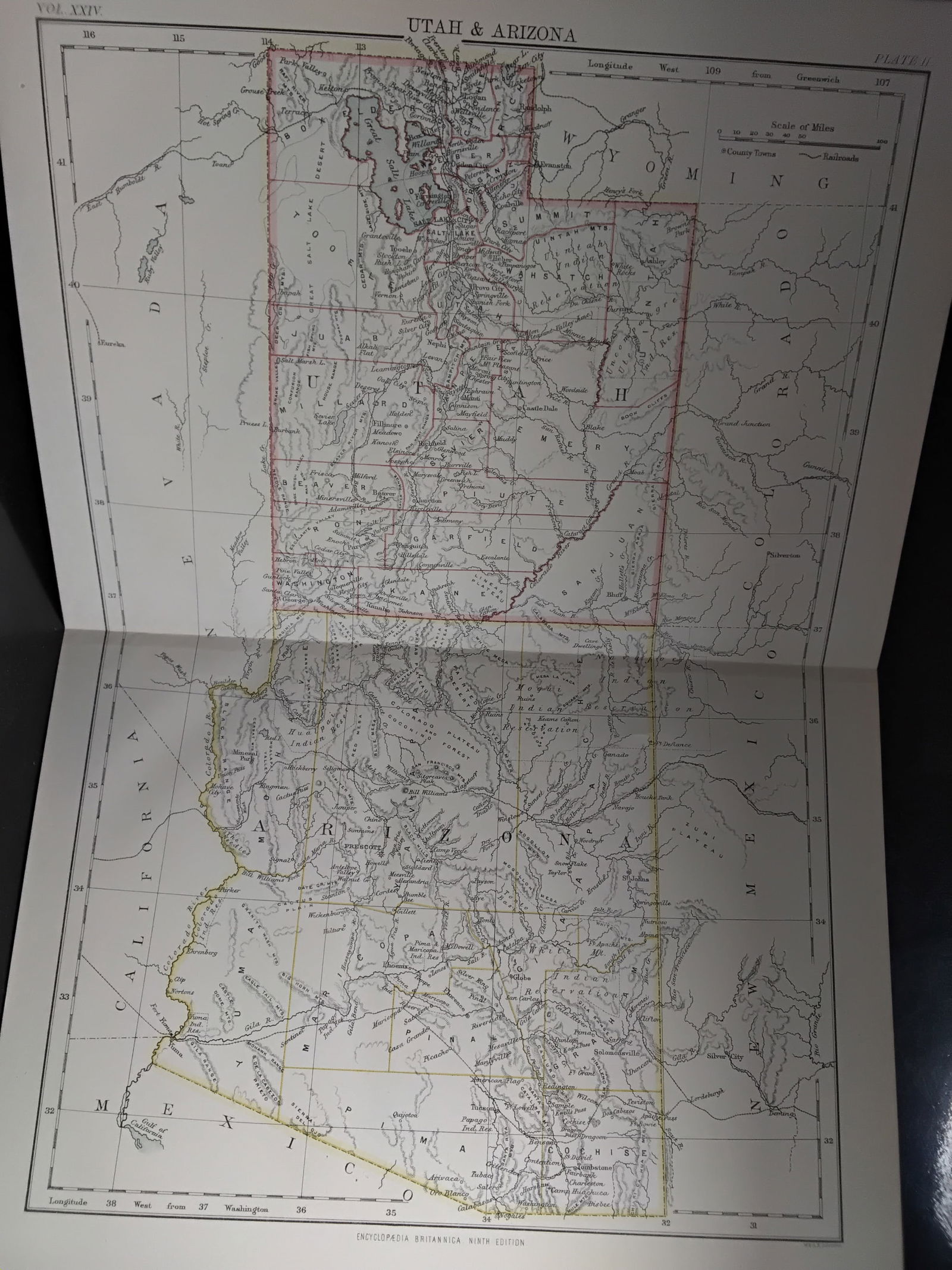 1888 Encyclopedia Britannica 9th edition Original double page spread map UTAH & Arizona: Double page spread, measuring approx. 10 1/2 inches by 15 inches, Very Detailed map original map from the Encyclopedia Britannica 9th Edition circa 1888 , In very good condition.