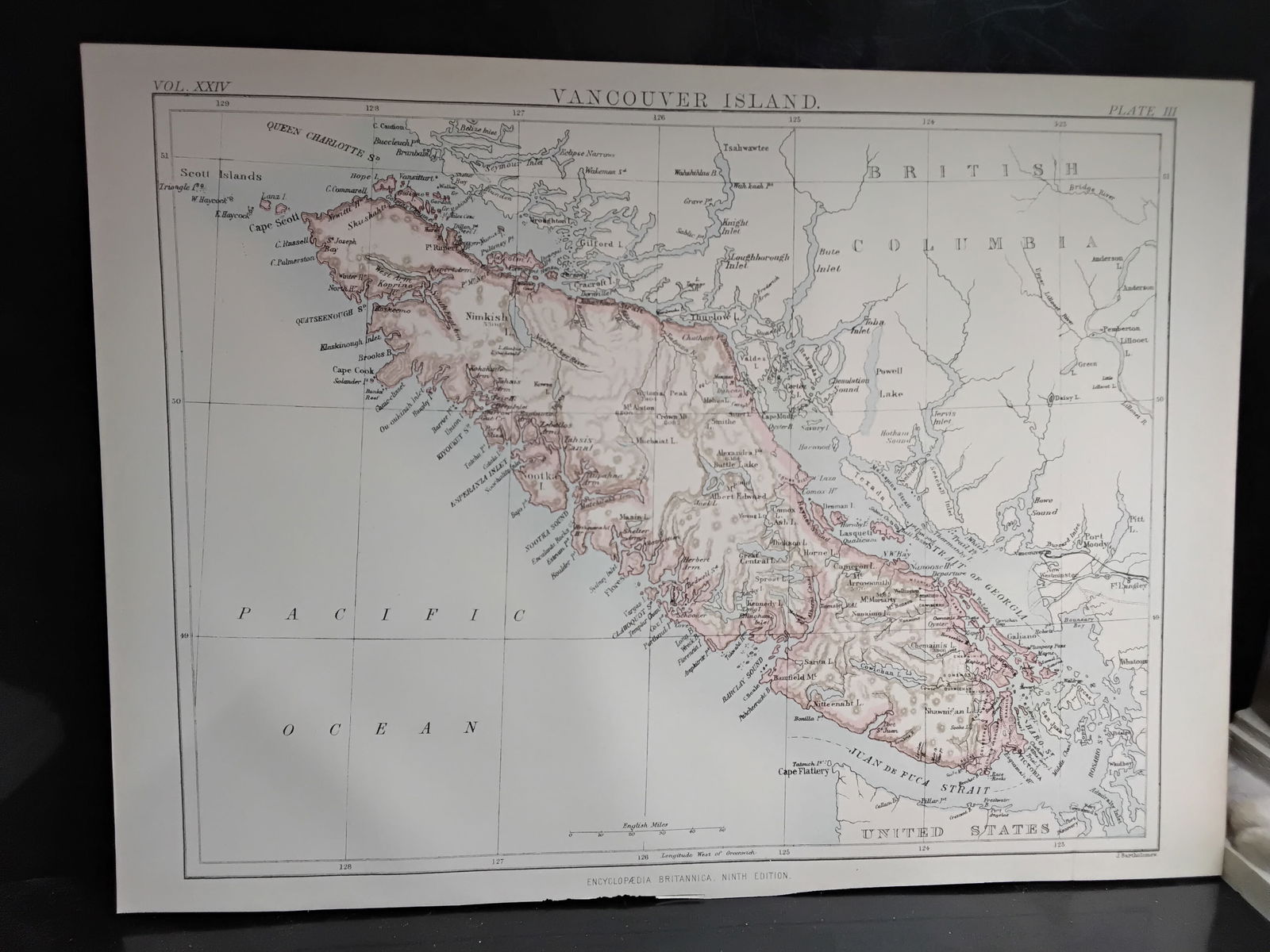 1888 Encyclopedia Britannica 9th edition Color Map of Vancouver Island: color Map- measuring approx. 10 1/2 inches by 7 1/2 inches, Very Detailed map original map from the Encyclopedia Britannica 9th Edition circa 1888 , In very good condition.