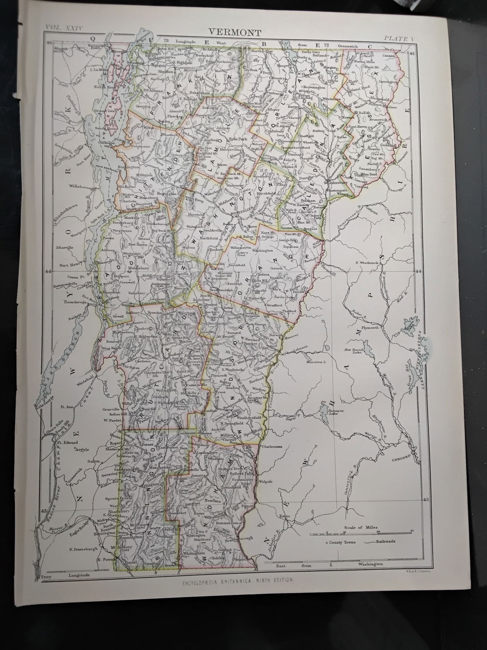 1888 Encyclopedia Britannica 9th edition color Map of Vermont (1 of 1)