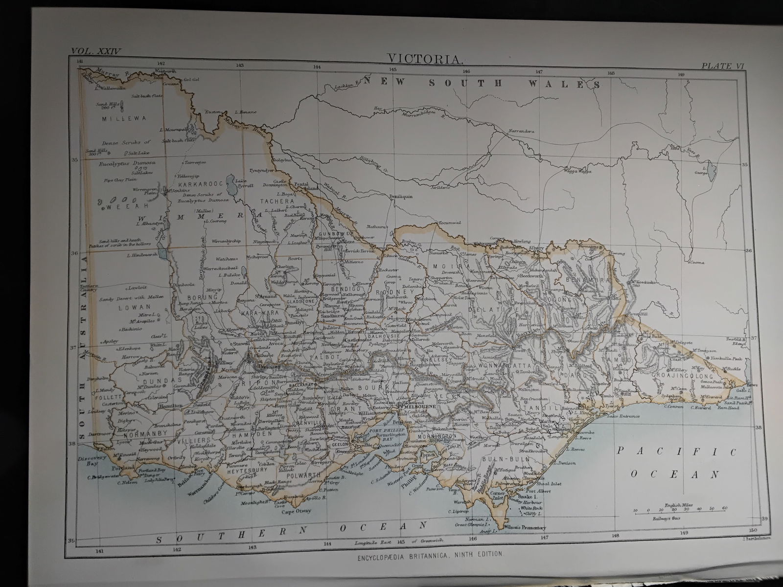 1888 Encyclopedia Britannica 9th edition color Map of Victoria Australia: color Map- measuring approx. 10 1/2 inches by 7 1/2 inches, Very Detailed map original map from the Encyclopedia Britannica 9th Edition circa 1888 , In very good condition.