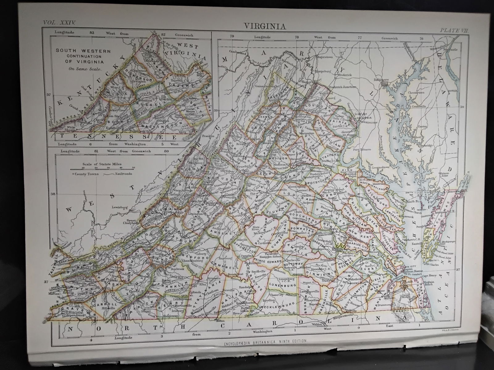 1888 Encyclopedia Britannica 9th edition color Map of Virginia: color Map- measuring approx. 10 1/2 inches by 7 1/2 inches, Very Detailed map original map from the Encyclopedia Britannica 9th Edition circa 1888 , In very good condition.