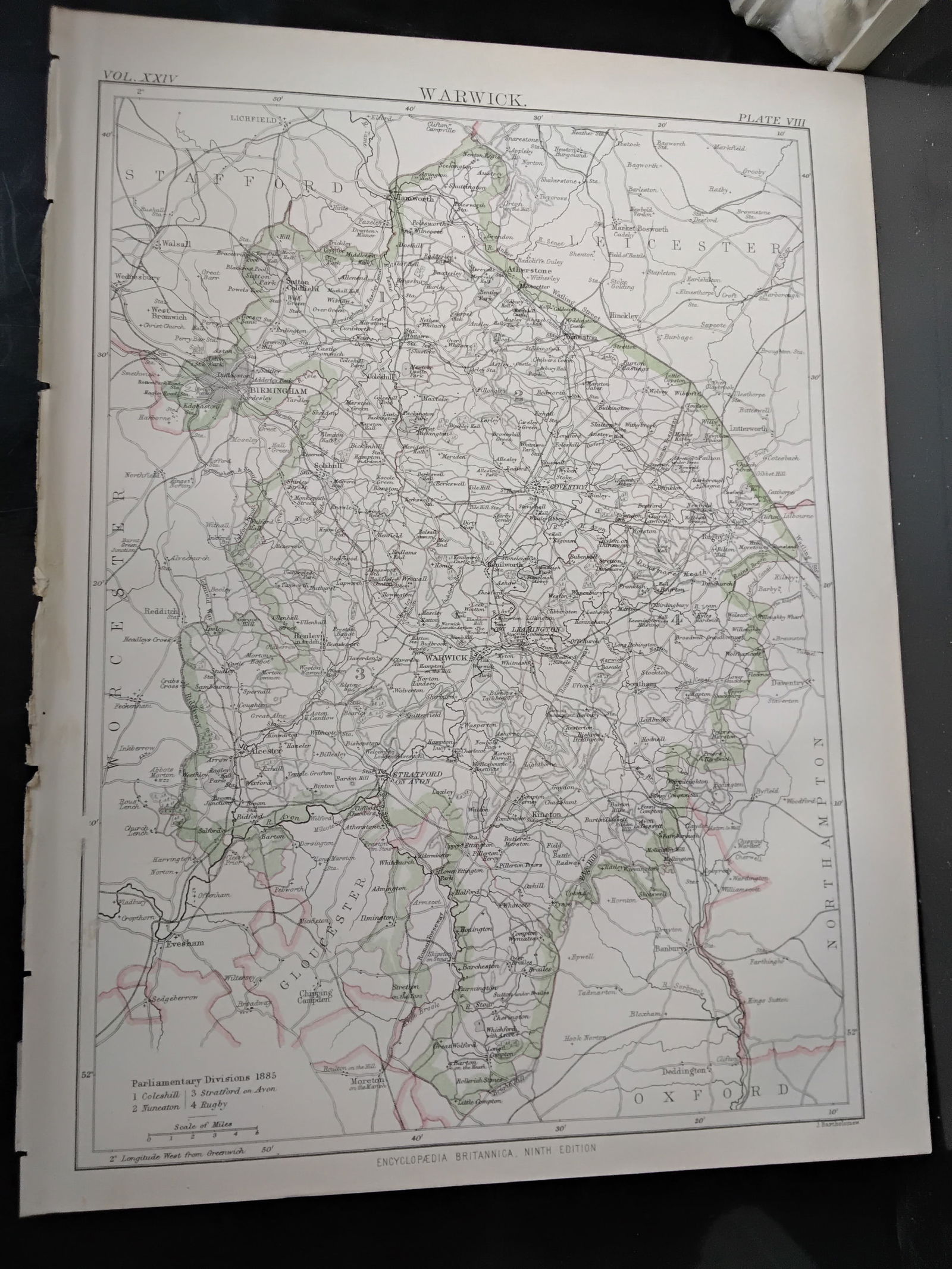 1888 Encyclopedia Britannica 9th edition color Map of Warwick UK: color Map- measuring approx. 10 1/2 inches by 7 1/2 inches, Very Detailed map original map from the Encyclopedia Britannica 9th Edition circa 1888 , In very good condition.