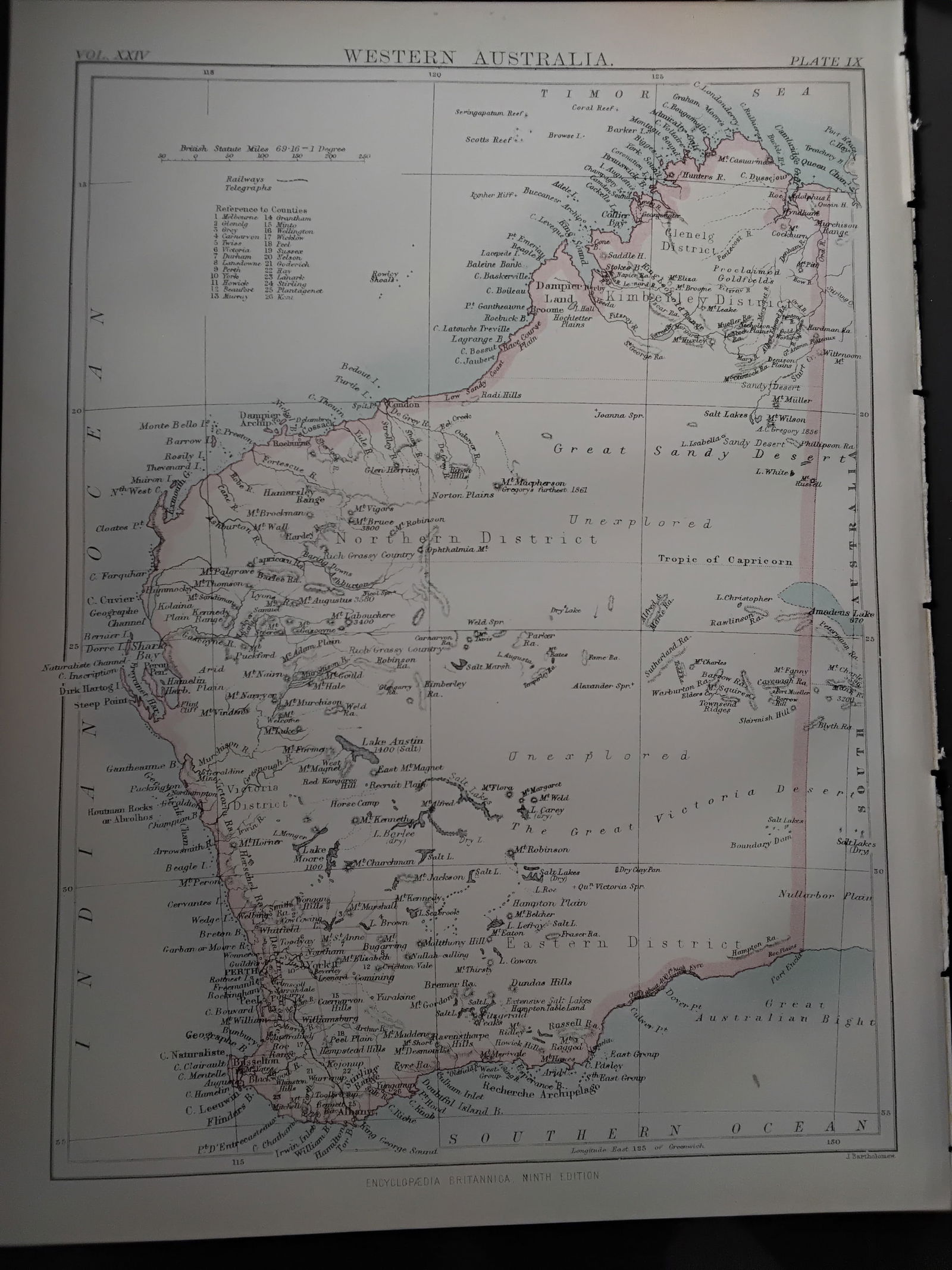 1888 Encyclopedia Britannica 9th edition color Map of Western Australia: color Map- measuring approx. 10 1/2 inches by 7 1/2 inches, Very Detailed map original map from the Encyclopedia Britannica 9th Edition circa 1888 , In very good condition.