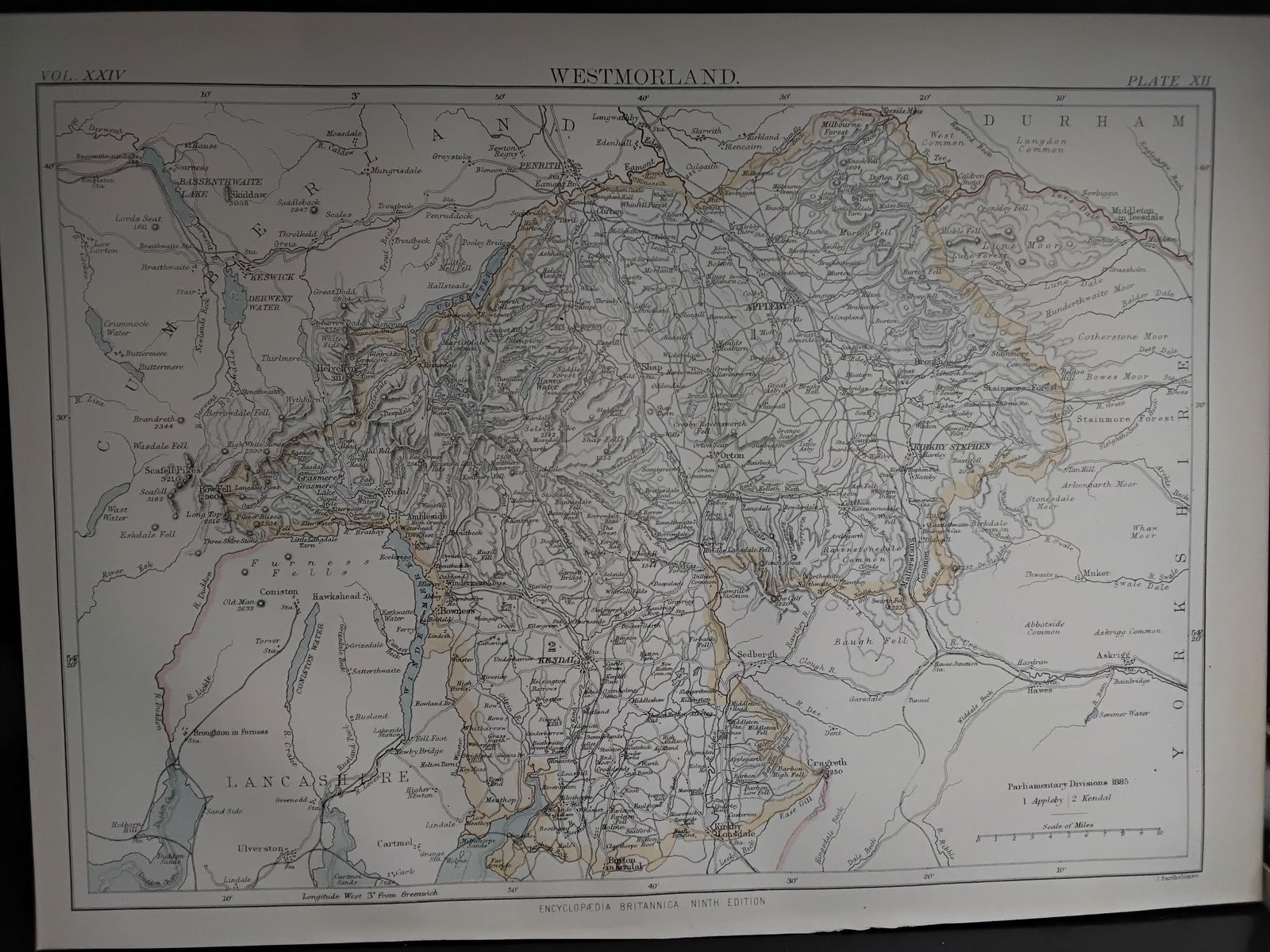 1888 Encyclopedia Britannica 9th edition color Map of Westmorland: color Map- measuring approx. 10 1/2 inches by 7 1/2 inches, Very Detailed map original map from the Encyclopedia Britannica 9th Edition circa 1888 , In very good condition.