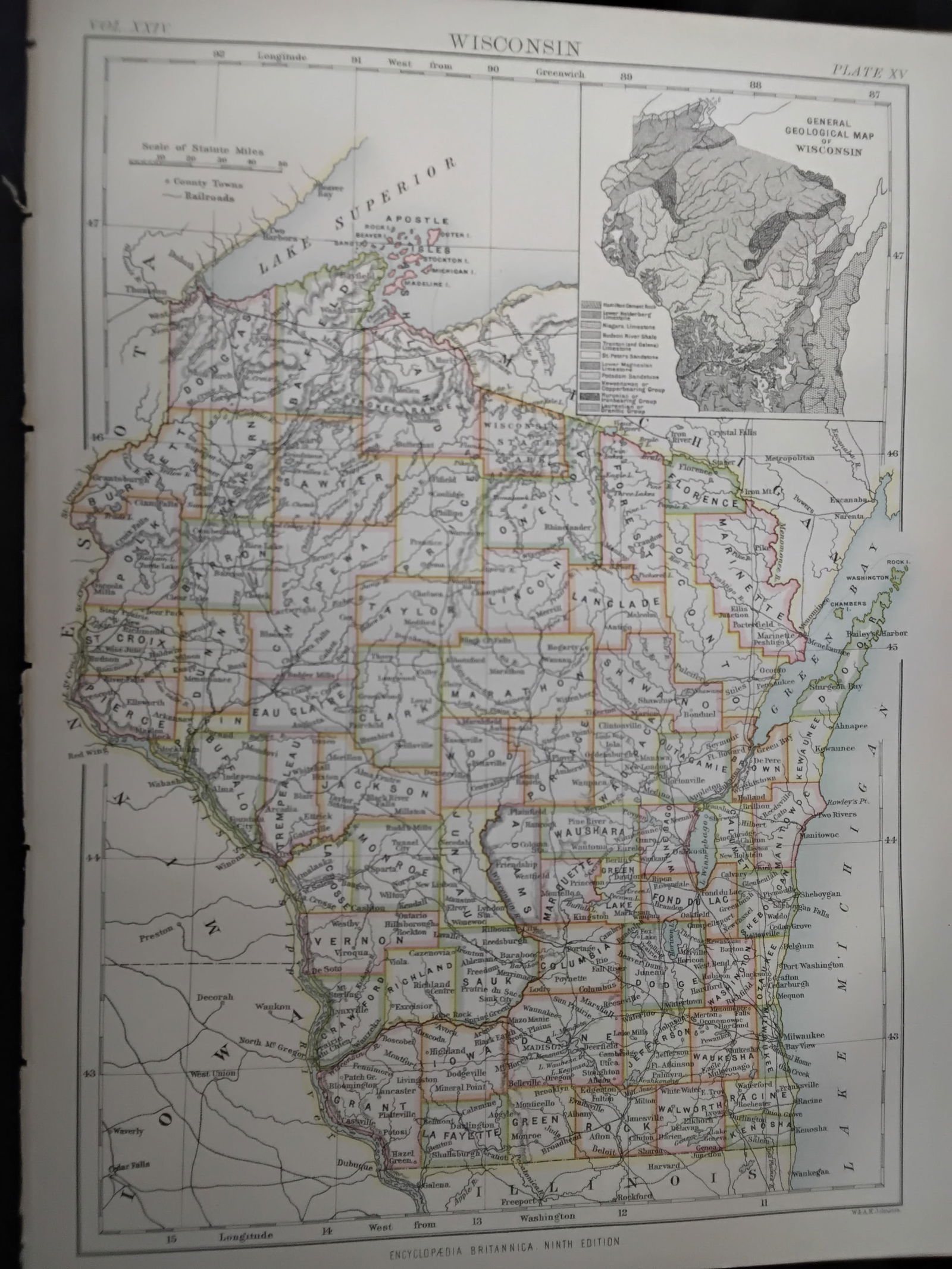 1888 Encyclopedia Britannica 9th edition color Map of Wisconsin: color Map- measuring approx. 10 1/2 inches by 7 1/2 inches, Very Detailed map original map from the Encyclopedia Britannica 9th Edition circa 1888 , In very good condition.