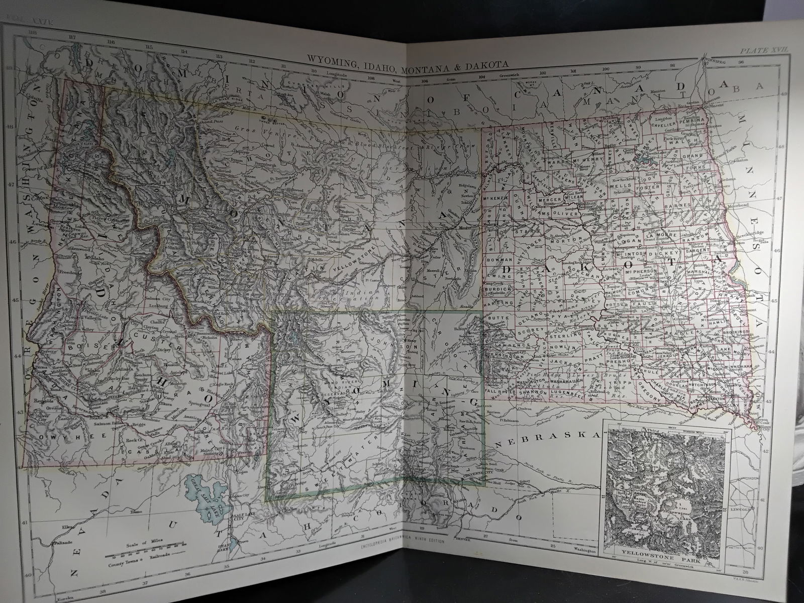1888 Encyclopedia Britannica 9th edition color large Map of Wyoming ,Idaho, Montana, Dakota: Double page spread color Map- measuring approx. 10 1/2 inches by 15 1/2 inches, Very Detailed map original map from the Encyclopedia Britannica 9th Edition circa 1888 , In very good condition.