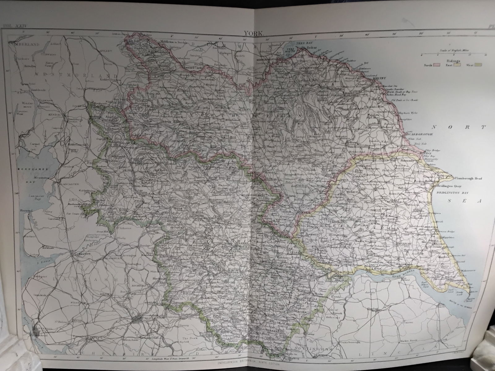 1888 Encyclopedia Britannica 9th edition color large Map of York UK: Double page spread color Map- measuring approx. 10 1/2 inches by 15 1/2 inches, Very Detailed map original map from the Encyclopedia Britannica 9th Edition circa 1888 , In very good condition.