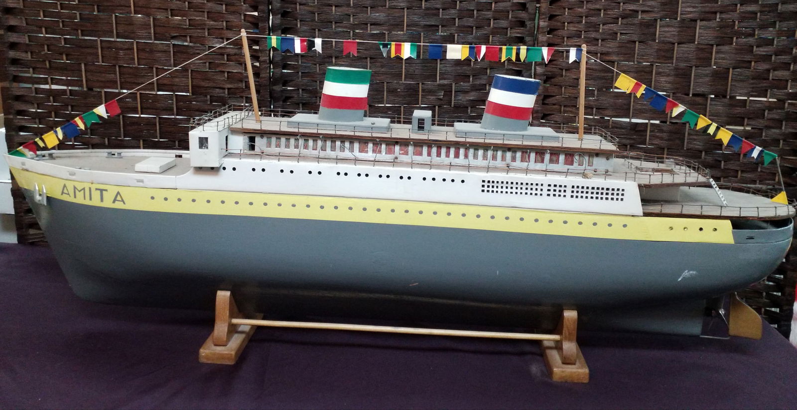 A Giant Model Of the Passenger Steam Ship called the Amita A Massive Solid Wood Heavy Ship and stand: An Incredible Vintage Large Beautiful Full Solid wooden ship. The passenger Steam Ship Amita in excellent condition with very little surface rubbing, This Ship is solid Wood and is very Heavy Weighing