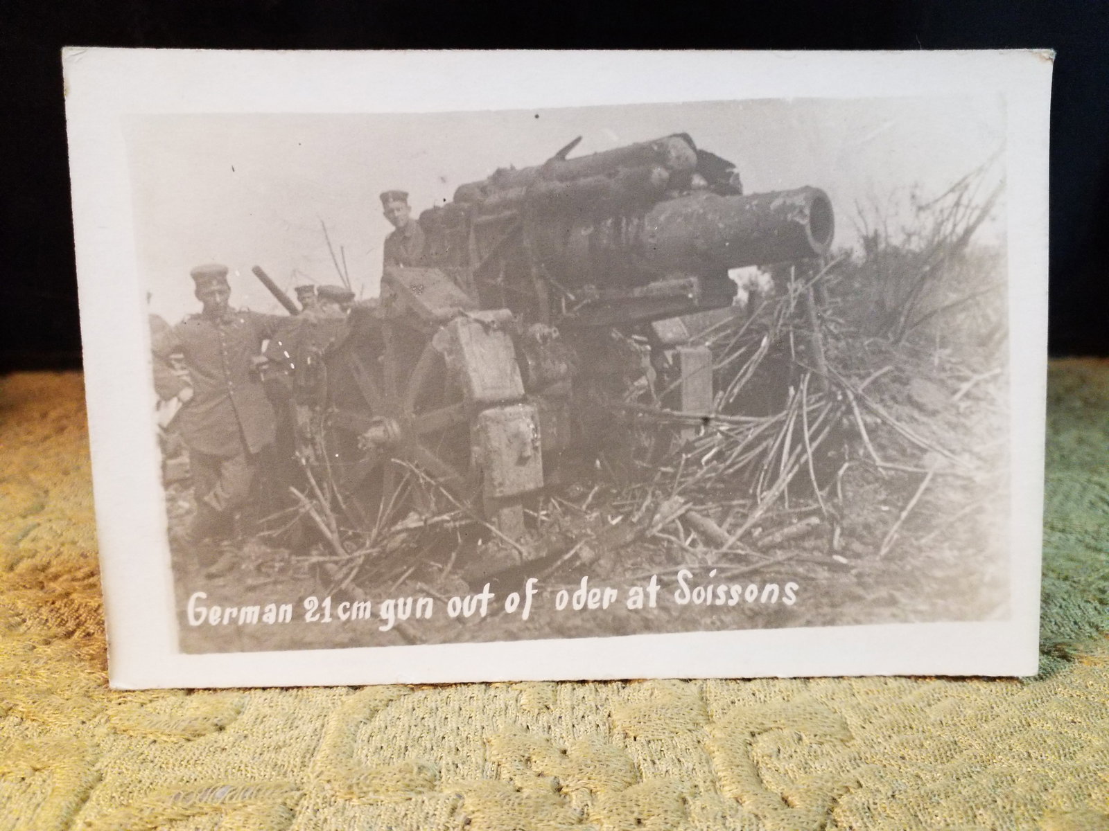 Original WWI RPPC Real Photo Postcard German 21cm Gun out of order Soissons Northern France (1 of 2)