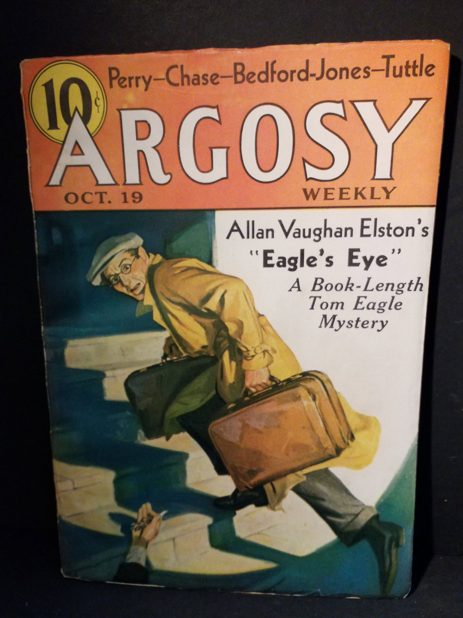 Oct. 19 1935 Argosy Original Pulp Allan Vaughan Elston's Eagles Eye Mystery Golden Age VG+-F+: Original Pulp -Strong intact Binding! In VG+-F+ Higher Grade pulp- Publication Date: October 19, 1935.Published by the Frank A. Munsey Company, this pulp magazine features the first part of a book-len