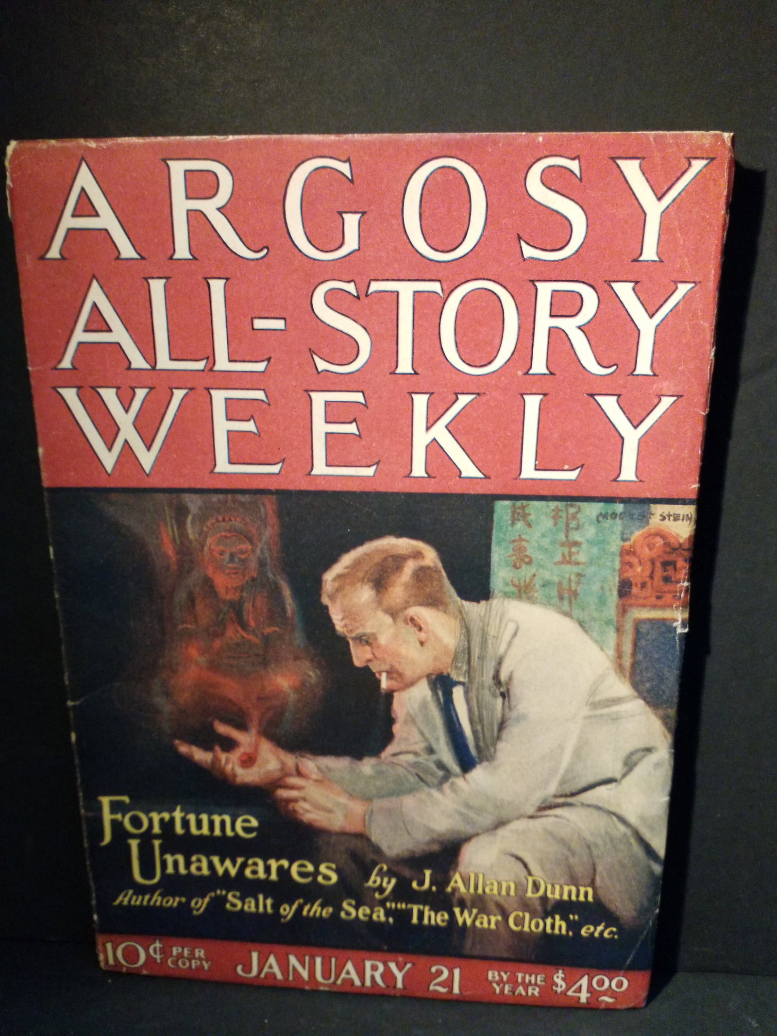 Original Argosy all star Weekly p Jan 21 1922 Fortune Unawares by J. Allan Dunn Higher Grade /VG+-F+: Original Pulp -Strong intact Binding! In VG+-F+ Higher Grade pulp- January 21, 1922, issue of Argosy All-Story Weekly. Cover Story: The main feature is the first installment (Part 1 of 4) of "Fortune 