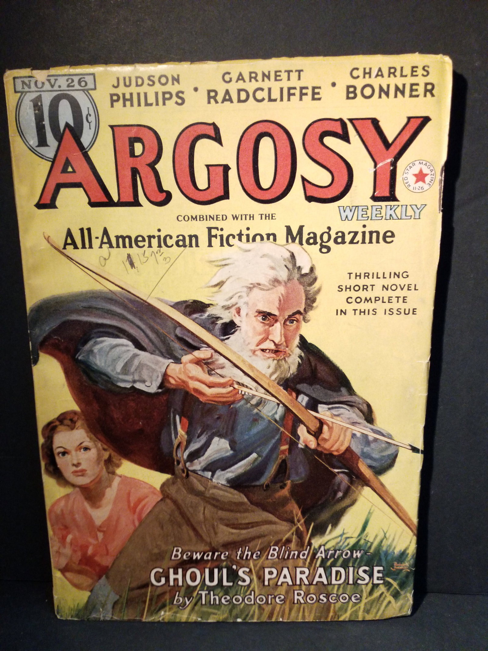 Original Pulp Argosy Nov. 1926 Ghoul's Paradise by Theodore Roscoe VG: Original Pulp -Strong intact Binding! In VG+ condition pulp- Featured Story: The main cover story is "Ghoul’s Paradise" by Theodore Roscoe.Cover Art: The dynamic illustration was created by Rudolph 