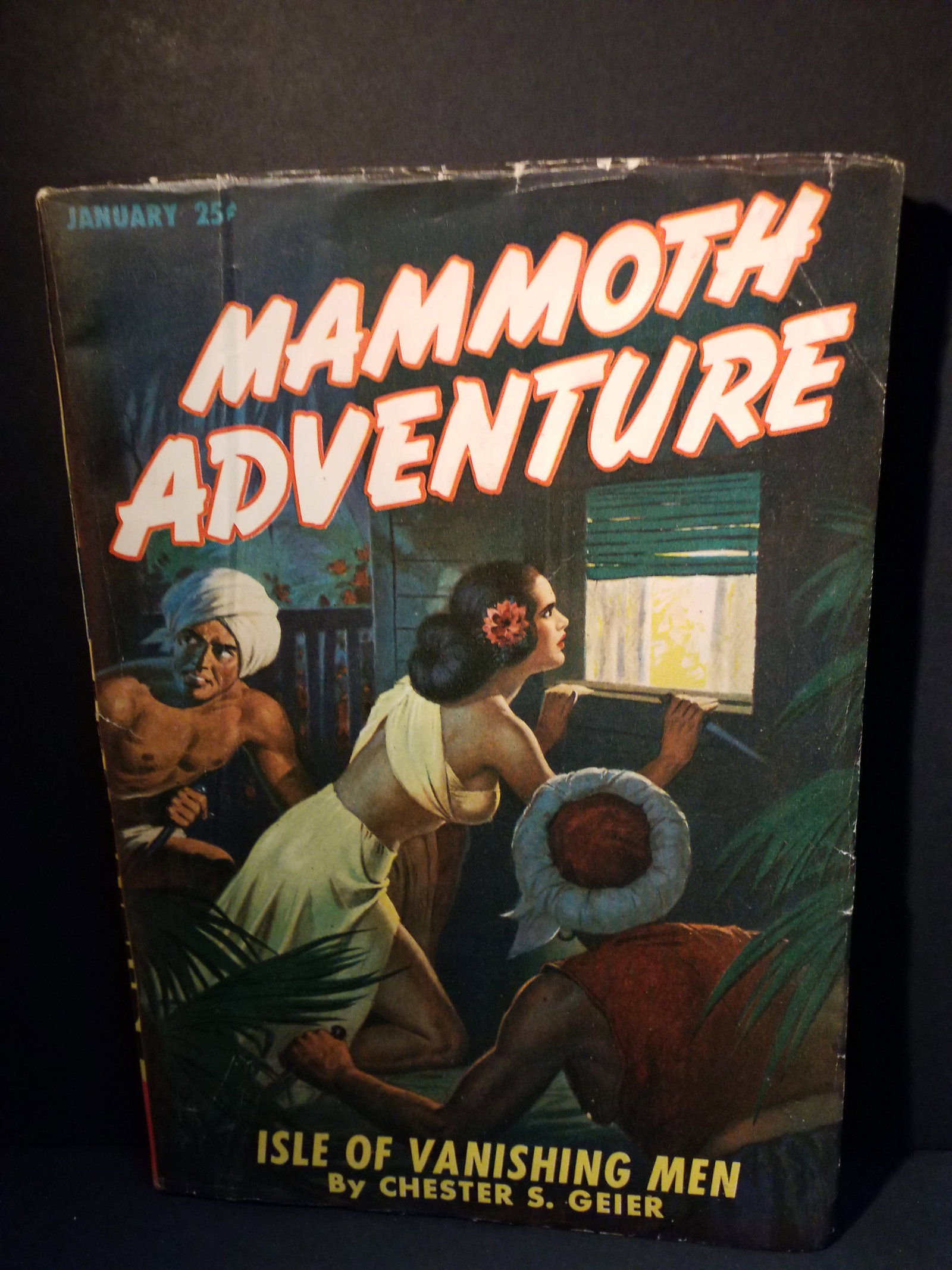 Mammoth Adventure Pulp Jan. 1947 Isle of Vanishing Men by Chester Geier VG+-F: A Higher Grade Pulp, Many Early Pulps being added daily. Many in exceptional condition. The Cassock and the Sword by Tom W. Blackburn.Floating Hell by Henrietta Browne.The Tunca Puncu Nugget by Richar