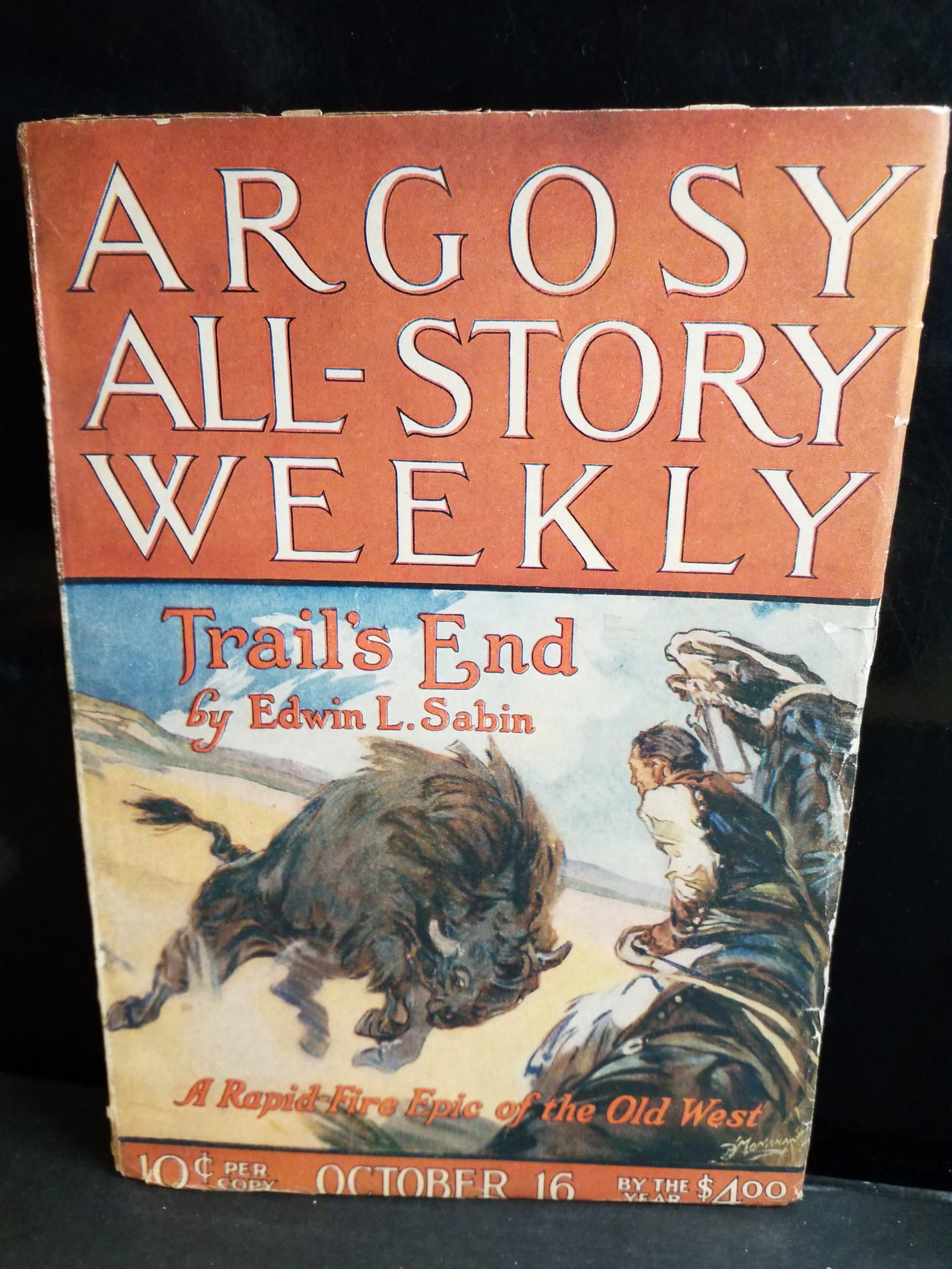 Argosy All Star Weekly Oct 16 1920 Trails End by Edwin Sabin Epic of the Old West /VG+-F: Key Details Featured Story: "Trail's End" (Part 1 of a two-part Western novelette) by Edwin L. Sabin. Tagline: "A Rapid Fire Epic of the Old West". Original Price: 10 cents per copy ($4.00 per year su