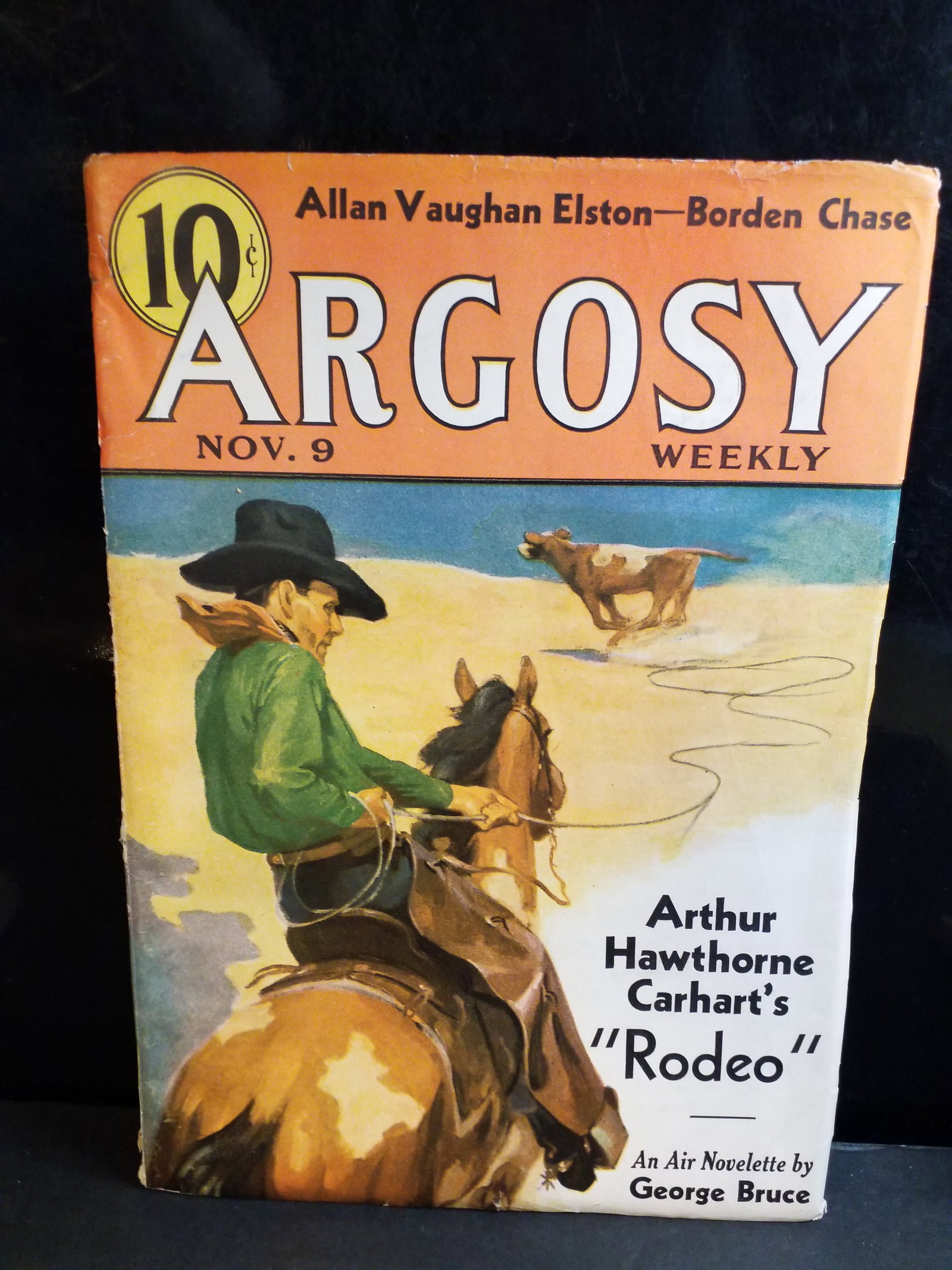 Nov. 9 1935 Argosy western pulp Arthur Hawthorne Carhart's Rodeo , Borden Case / F+: November 9, 1935 issue of Argosy Weekly. This specific edition of the classic American pulp magazine is notable for showcasing the first part of Arthur Hawthorne Carhart's multi-part Western serial "R