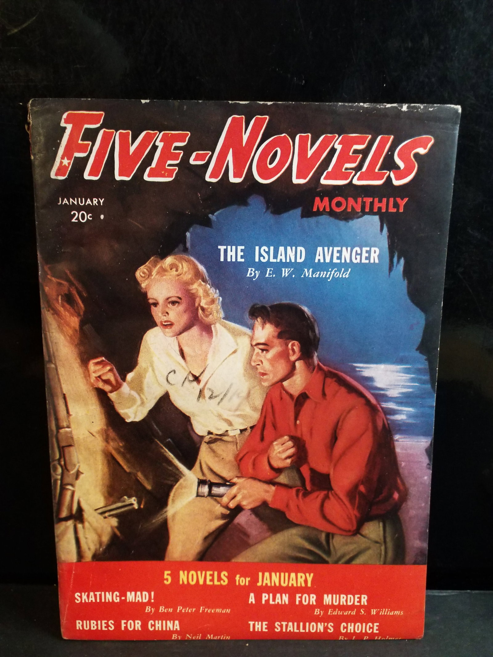 Jan. 1940 Five-Novels Monthly pulp magazine Skating Mad Hockey , Island Avenger Higher Grade F+: Main Story: illustrates "The Island Avenger" by E. W. Manifold. Companionship: He stands protectively in front of a blonde woman. Pulp Aesthetic: The artwork utilizes dramatic lighting to emphasize a 
