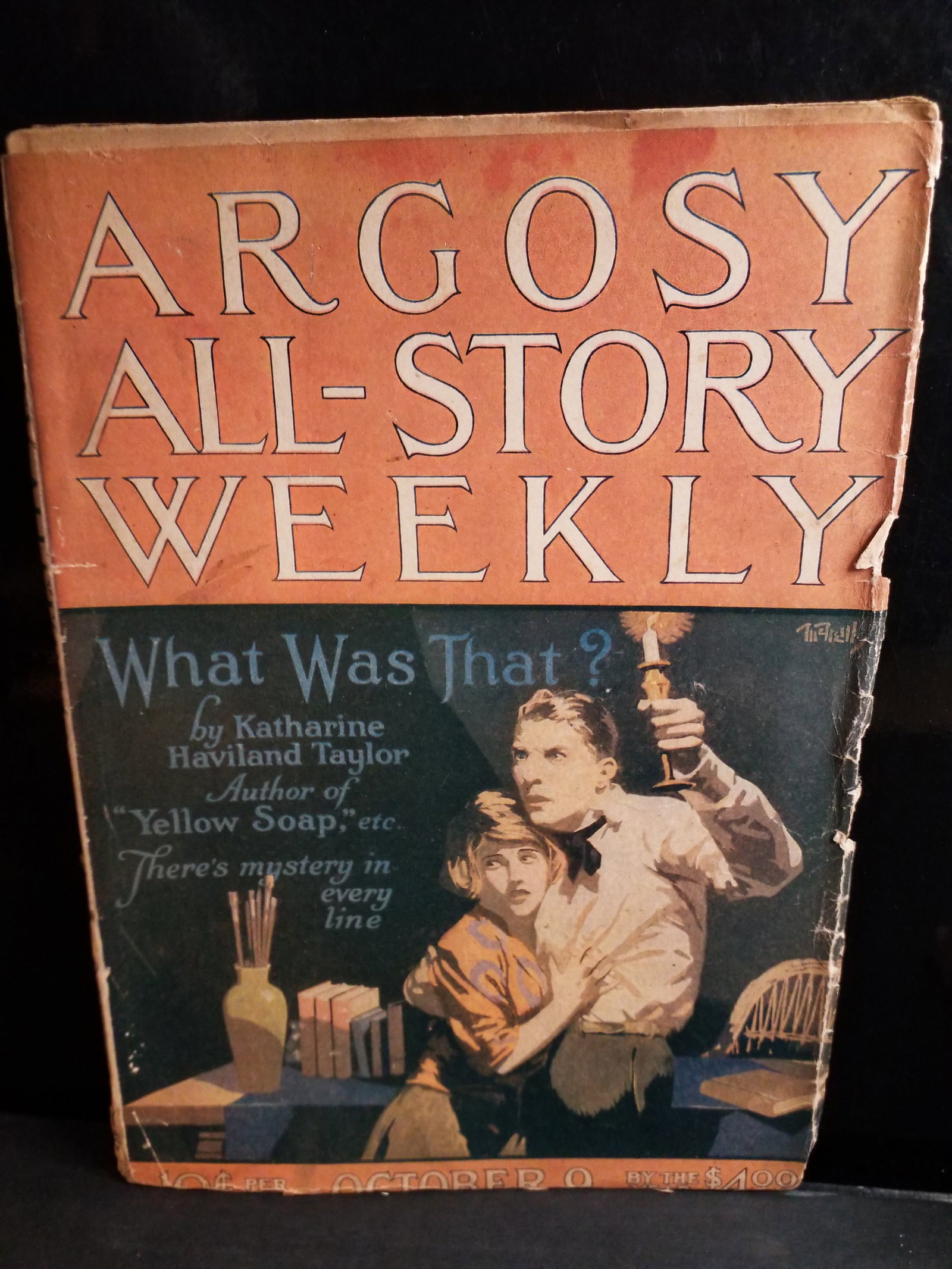 Argosy All-Story Weekly pulp magazine What Was That? Katharine H Taylor Mystery Oct 9, 1920 / VG++: Higher Grade pulp, comic, Featured Cover Story: "What Was That?" (Part 1 of 6) by Katharine Haviland Taylor. The plot follows a group of young friends who rent a bungalow plagued by a murder mystery a