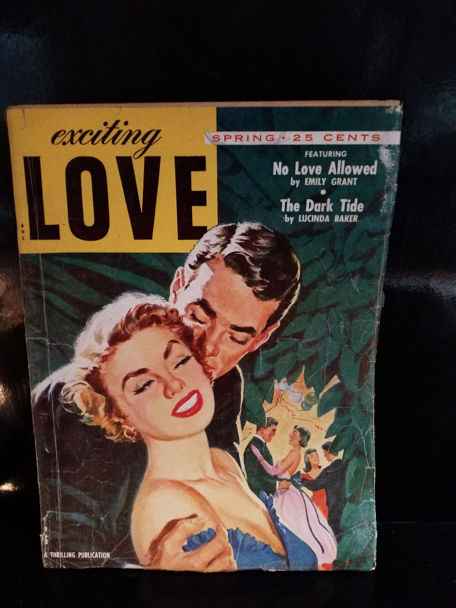 Spring 1955 Exciting Love Pulp Pin up Spicy Girl Art , The Dark Tide by Lucinda Baker F+: Edition: Spring 1955 issue. Cover Artist: Painted by prominent pulp illustrator John William Parker, Jr..Featured Stories:"No Love Allowed" by Emily Grant. "The Dark Tide" by Lucinda BakerThe selected
