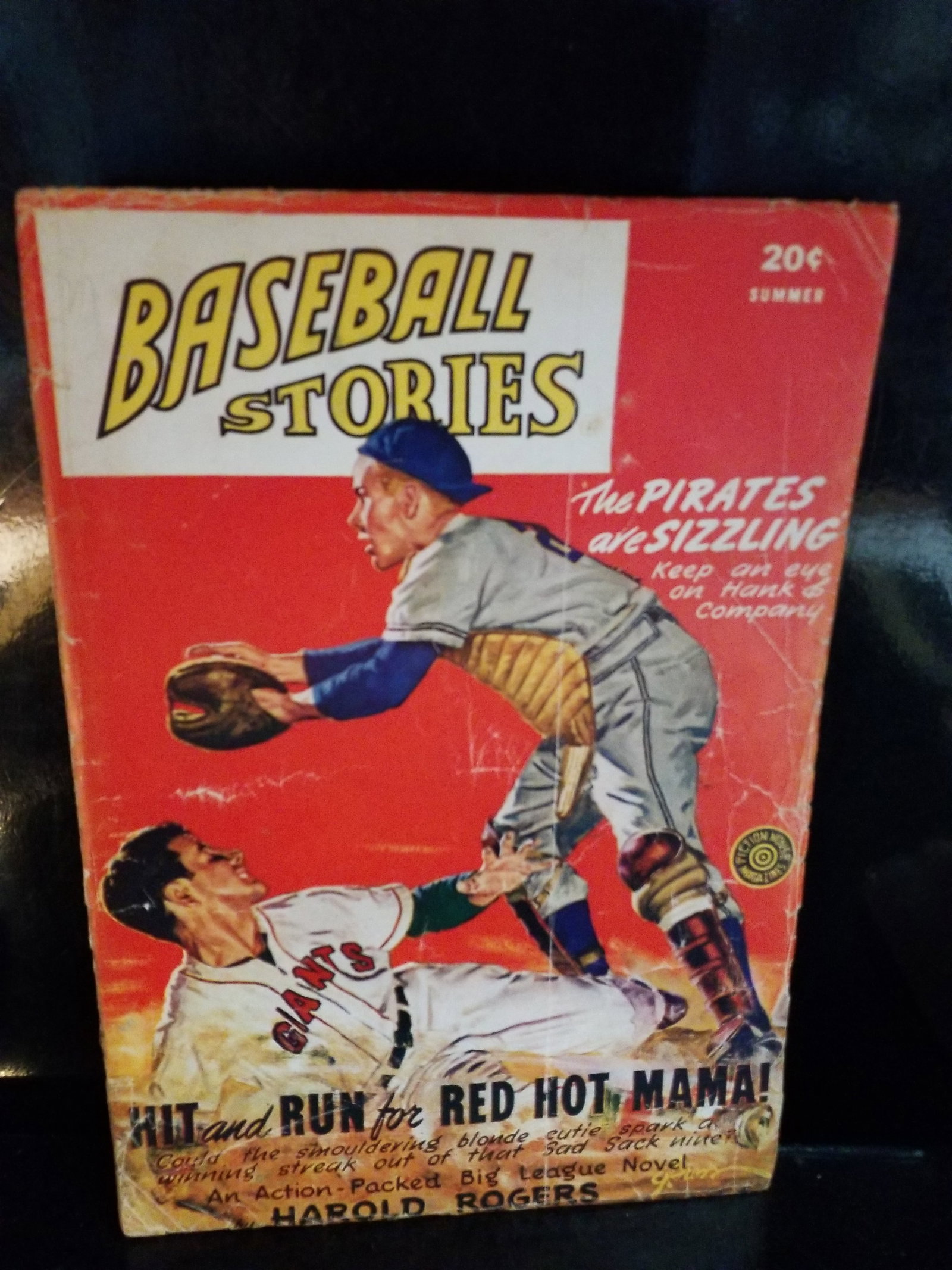 1947 Baseball Stories Pulp , Pirates are Sizzling, Hit and Run for Red Hot Mama VG-VG+: Vg- with some edge wear, intact, nice pages, Publication Details: This specific issue is a pulp magazine titled Baseball Stories featuring the cover story "Hit and Run for Red Hot Mama!". Cover Art: T