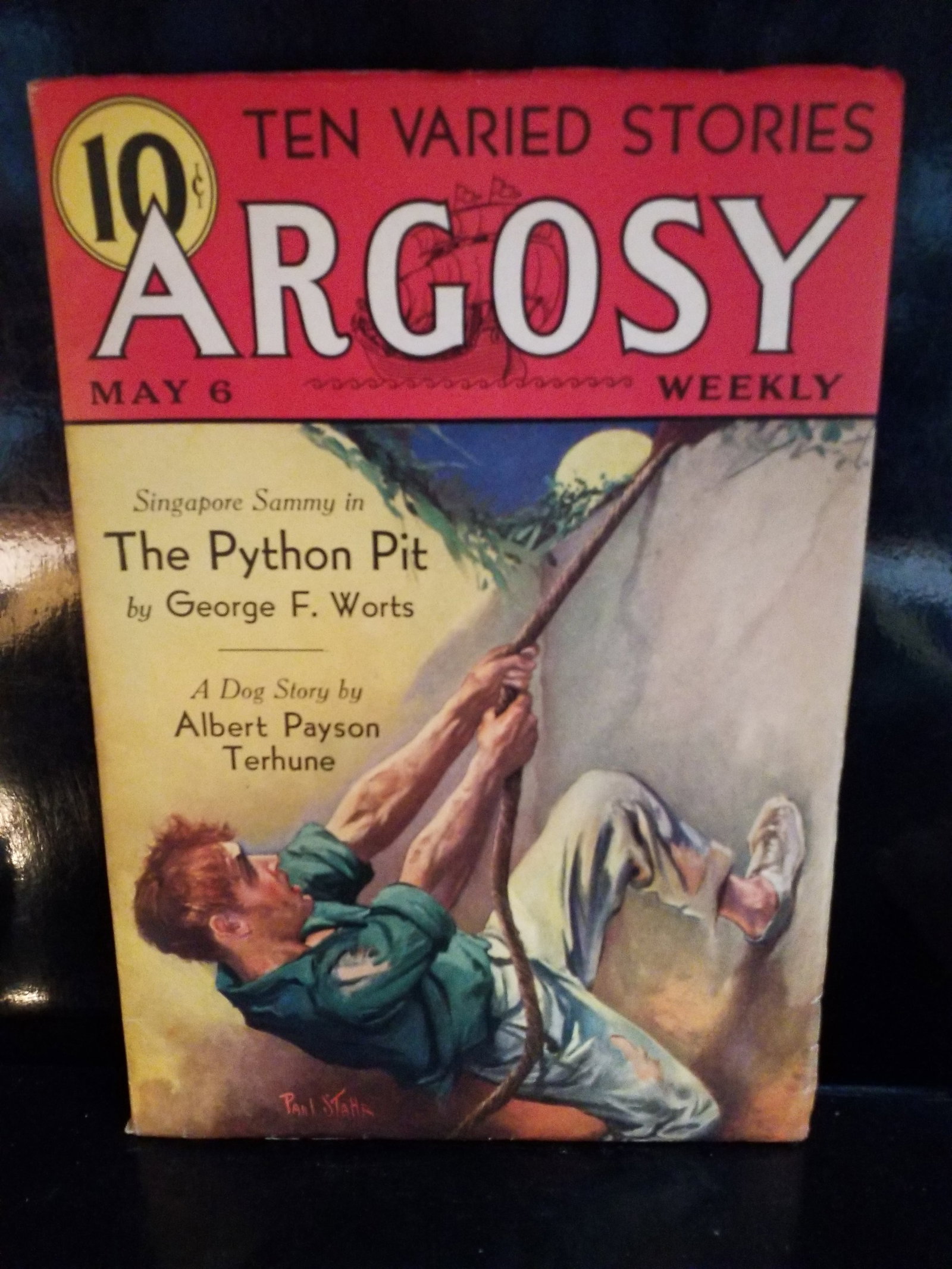 Argosy Weekly magazine Pulp Comic The Python Pit George Worts May 6, 1933 Canine Dog Story VF+-NM: In High grade condition, Cover Story: "The Python Pit" (Part 1) by George F. Worts, featuring his character Singapore Sammy. Featured Author: Includes a dog story by the famous canine fiction writer A