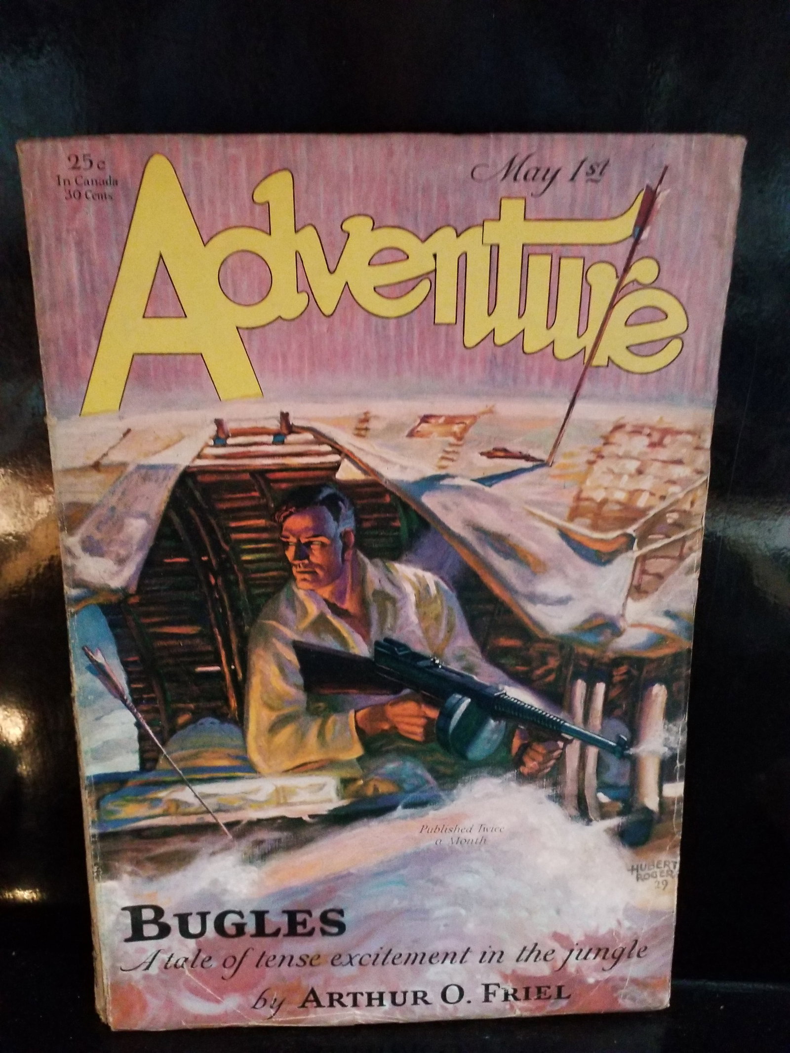 Adventure Pulp May 1st, 1929 Bugles: A tale of tense excitement in the jungle by Arthur Friel VG+-F+: Higher Grade Pulp, Main Title Story: "Bugles: A tale of tense excitement in the jungle" written by Arthur O. Friel. Cover Illustration: Painted by renowned pulp artist Hubert Rogers, depicting a man h