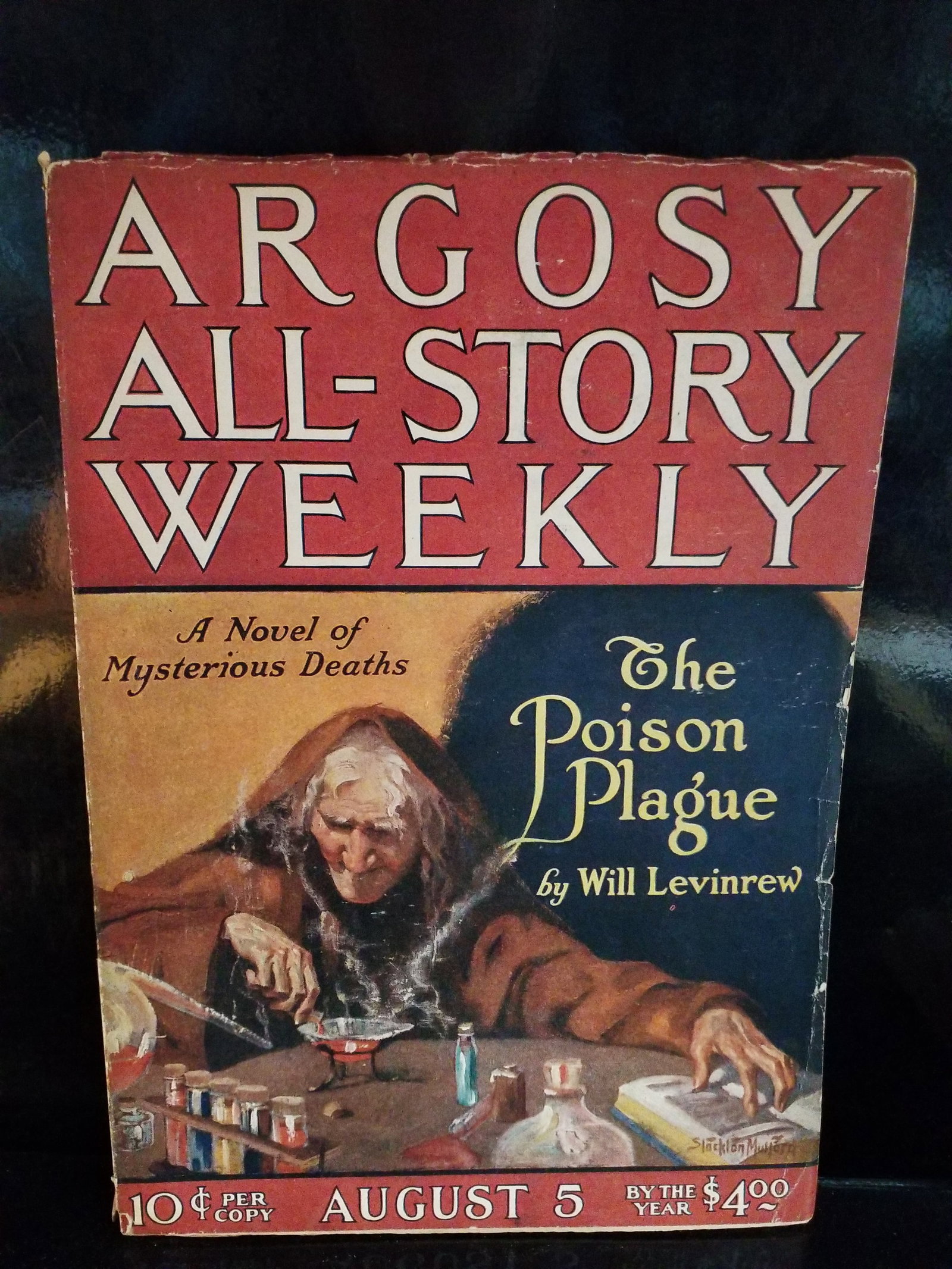 Golden Age Pulp Argosy All-Story Weekly Aug. 5, Poison Plague by Will Levinrew 1922 Fine+: Higher Grade Golden Age Pulp A novel of Mysterious Deaths pulp issue of Argosy All-Story Weekly from August 5, 1922Featured Story: The cover features the premiere of "The Poison Plague" (Part 1 of a 5