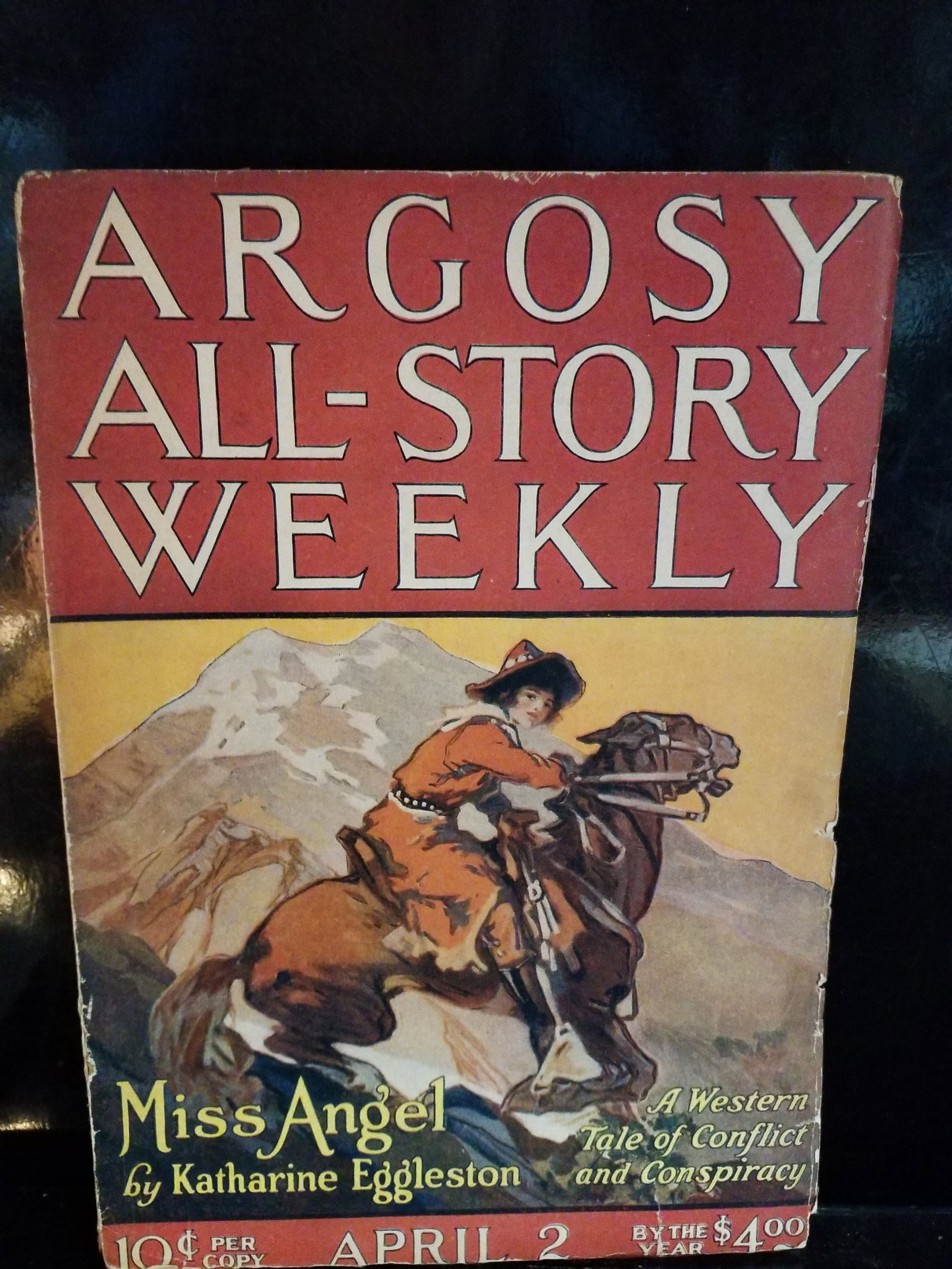 Golden Age Pulp Apr.1921 Argosy All-Story Weekly western story "Miss Angel" Katharine Eggleston F+: Golden Age Pulp, This is a vintage Argosy All-Story Weekly pulp magazine from April 2, 1921, featuring the western story "Miss Angel" by Katharine Eggleston. Publication Date: April 2, 1921.Featured S